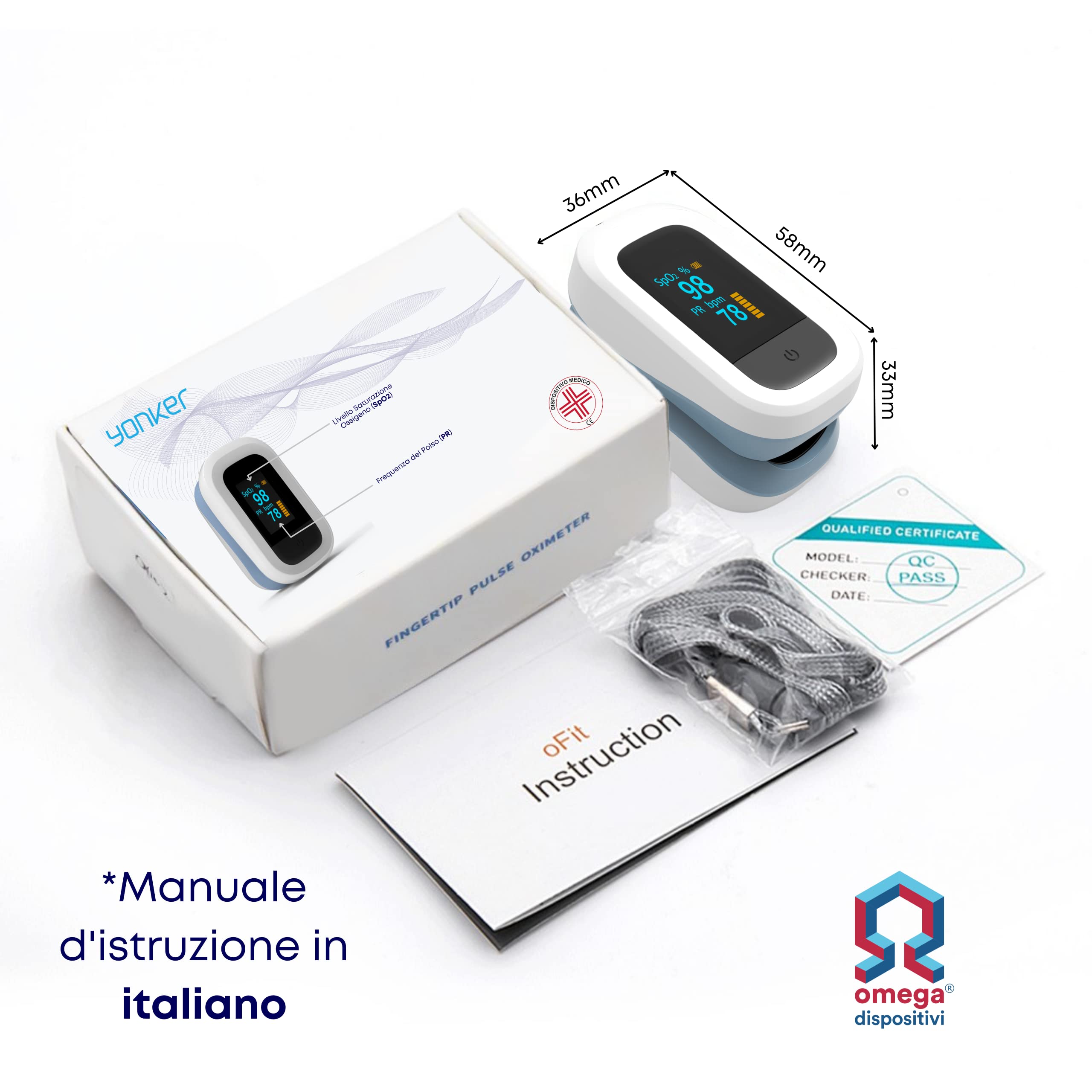 Saturimetro da Dito Professionale Certificato, Pulsossimetro da Dito Portatile, Completamente regolabile, Display OLED a 2 Colori, Misurazione SPO2 e Frequenza cardiaca, per Uso Domestico e Sportivo