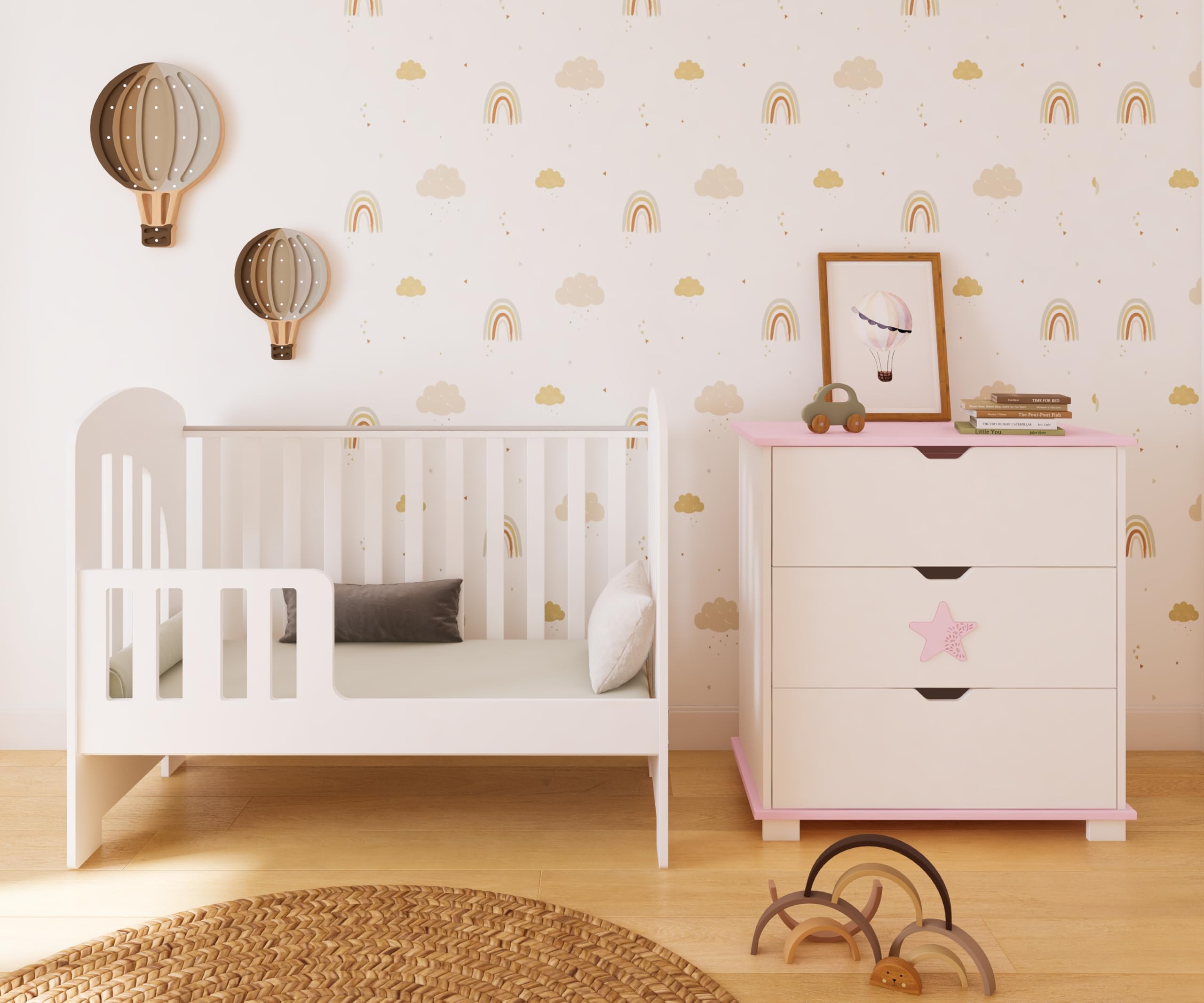 zee Star Cómoda Cambiador Bebé Blanca 83 x 87 x 49 cm con 3 Cajones y Cambiador Desmontable, Mueble Infantil Estilo Escandinavo, Star Rosa