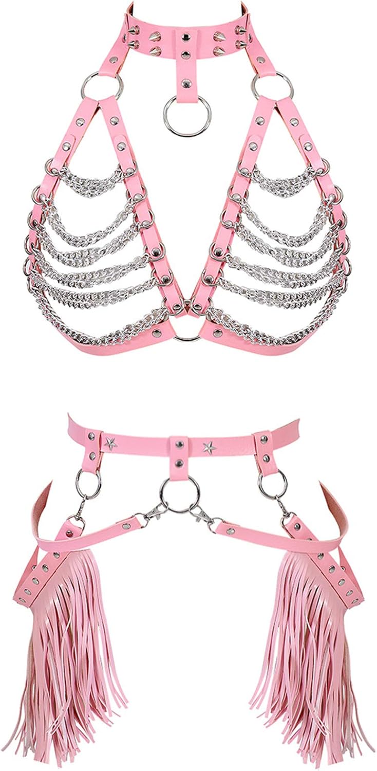 Womens Waist Harness Leather Belt Metal Chain Body Tassel Punk Festival Dance Rave Costumes Lingerie Garter Belts