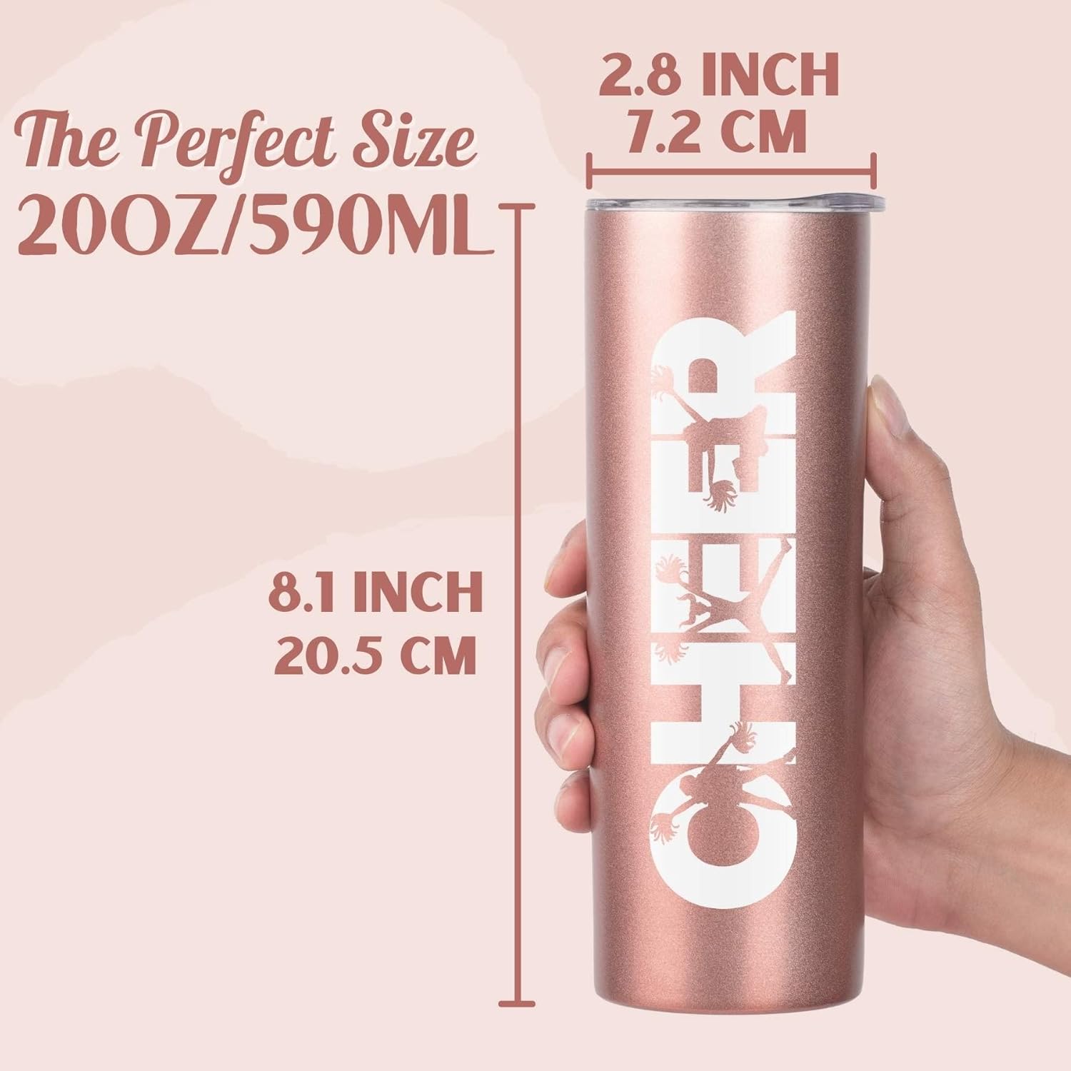 Onebttl Cheerleader Skinny Tumbler Gifts For Girls - Cheer - 20oz/590ml Stainless Steel Insulated Tumbler with Straw, Lid - Gift for Cheerleading or Cheer Squad - (Rose gold) - Image 3