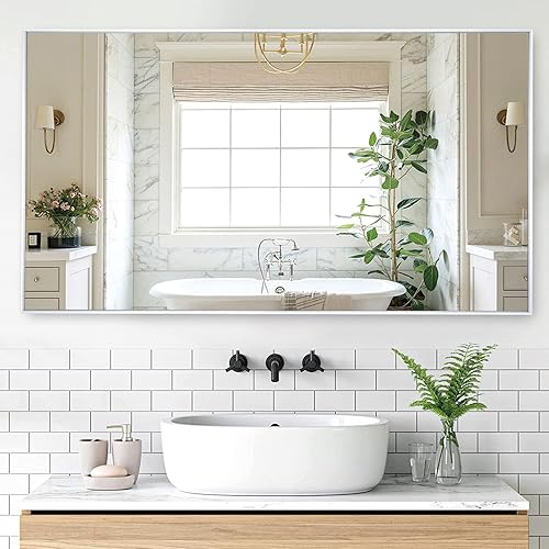 Espejo grande de 32 x 60 pulgadas para montar en la pared, moderno espejo de aluminio plateado para el hogar, sala de estar, dormitorio, espejo