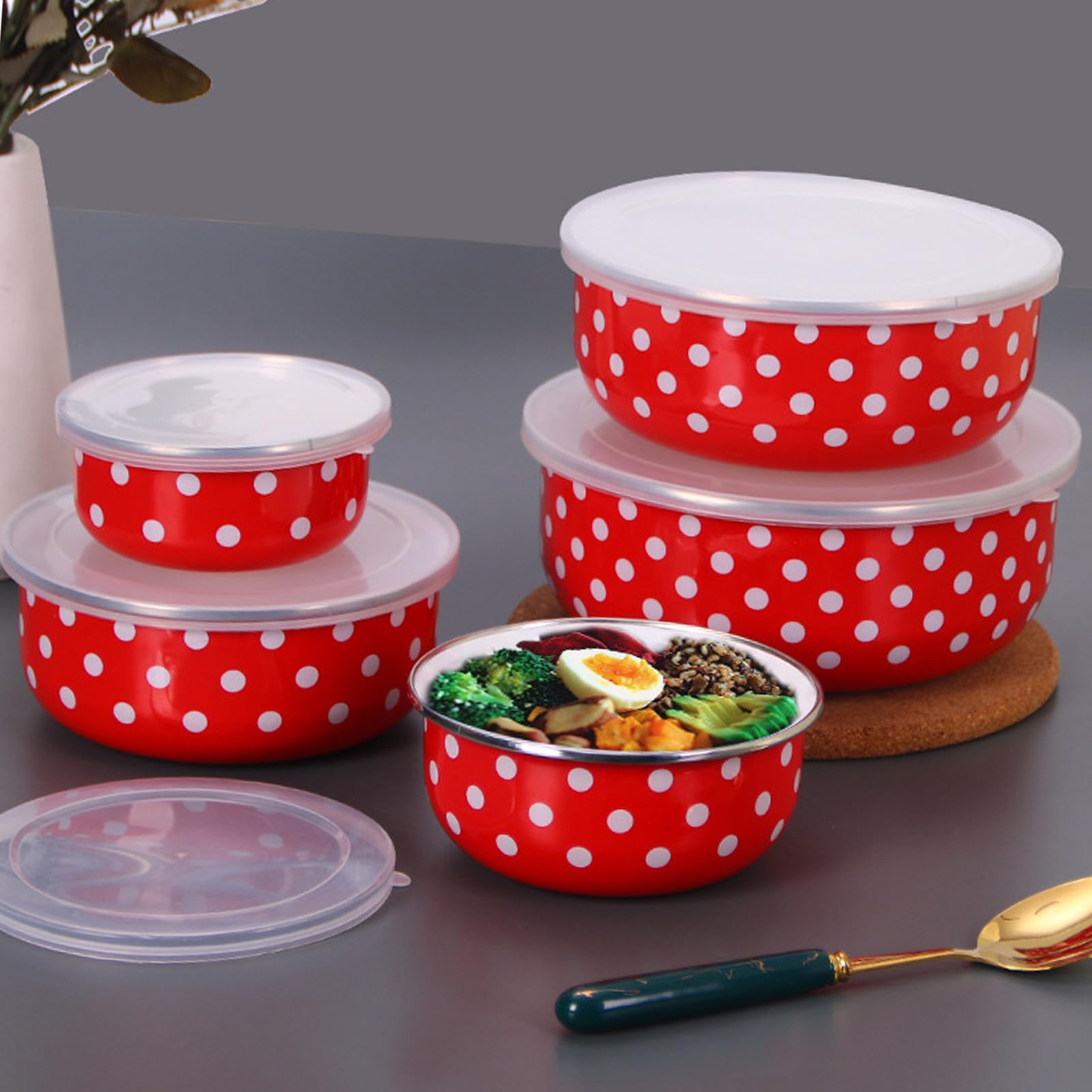 Ciotole Smalto con Coperchio, Ciotola per con Ciotola Smaltata, Scodelle Smaltate, 5 Pezzi di Pasta per Zuppa, Robusto e Resistente, Applicazioni Versatili, Adatto per La Casa e il Campeggio