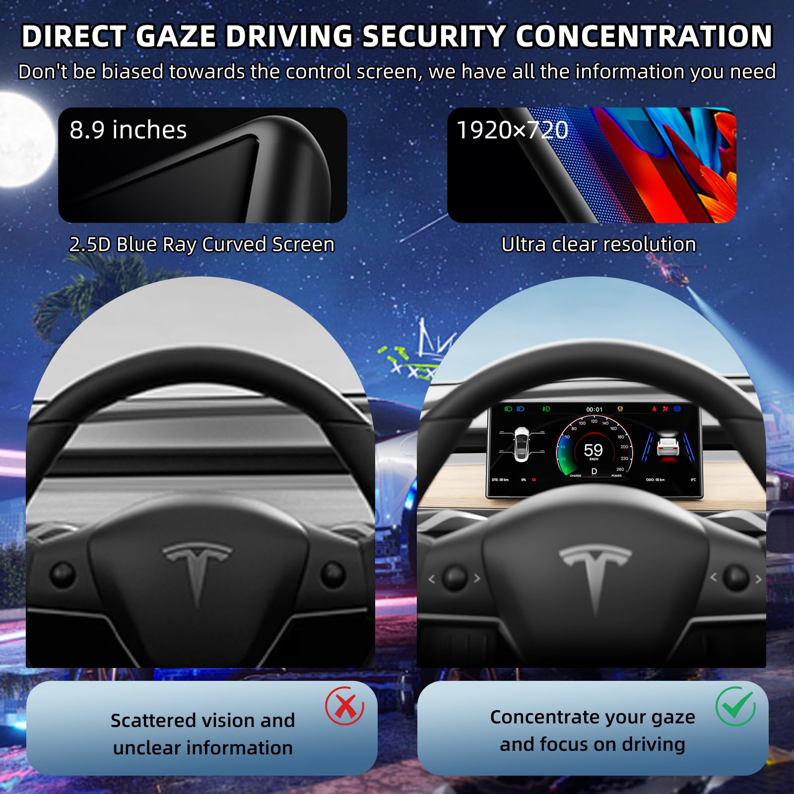 Heads Up Display For Tesla Model Y & Model 3 Highland - 8.9" HD Screen With Wireless CarPlay & Android Auto - View #8