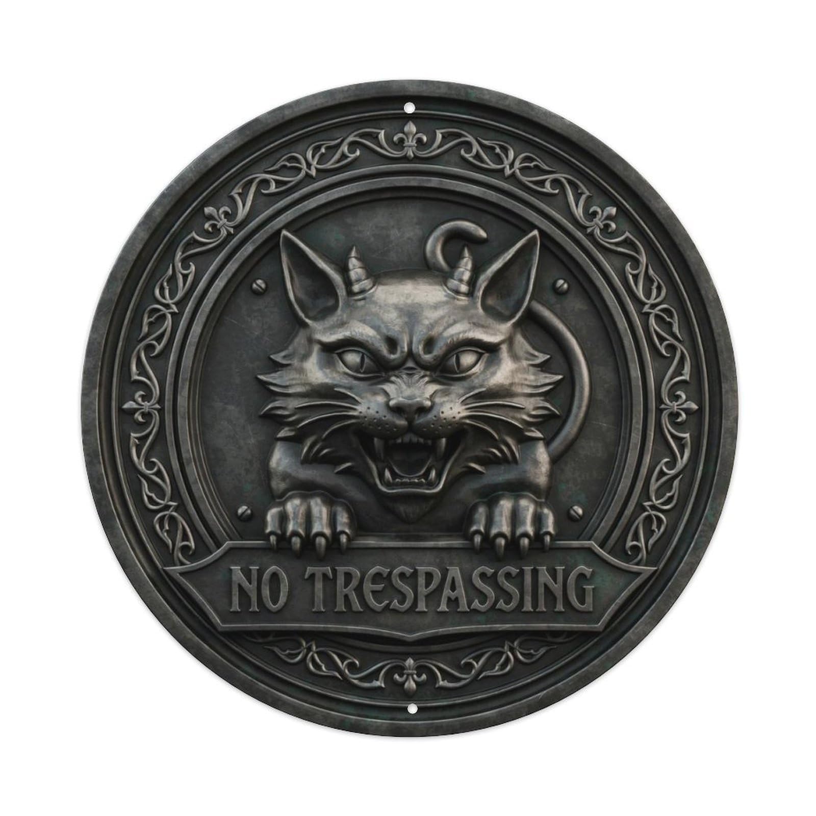 Skull Gargoyle 3D Brass Keep Out Round Metal Tin Sign Plaque