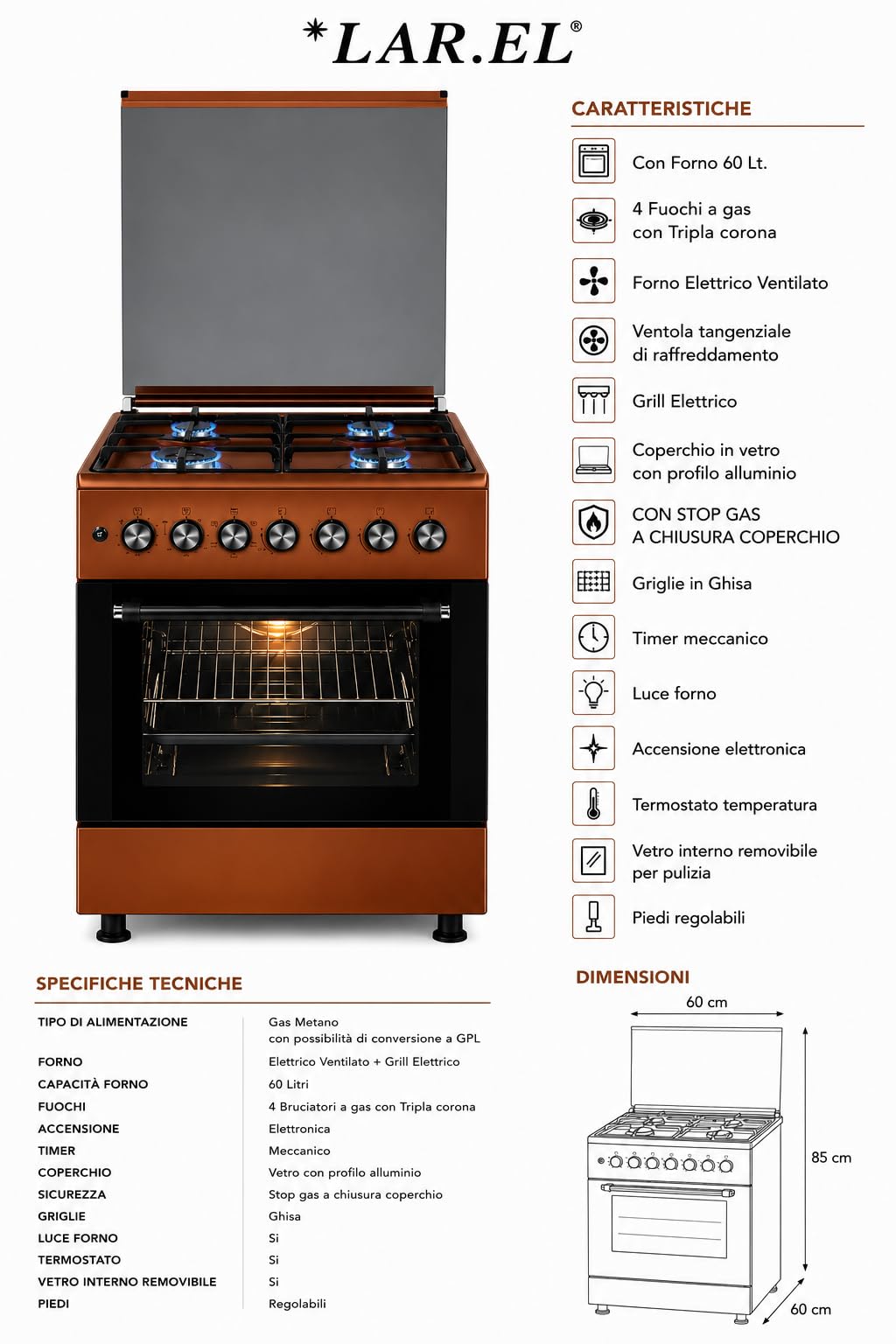 Lar.el Cucina a Gas 60x60 cm Forno Elettrico con Grill Marrone Coperchio in Vetro Temperato Accensione Elettronica Tripla Corona 4 Fuochi a Gas GPL/Metano Acciaio Inossidabile CUC.60EM