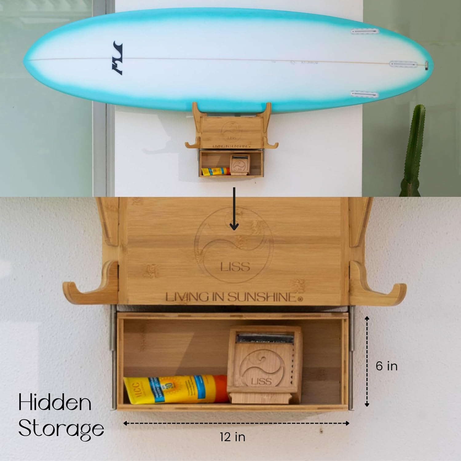 LISS Solo Rack – Wall Mount Surfboard Holder for ONE Board With Hidden Storage Drawer – Bamboo Board Rack with Interchangeable Arms – Fits Short, Longboards, SUPs, Wakeboards, Snowboards up to 12ft