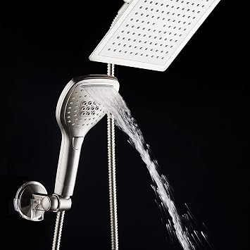 DreamSpa Ultra-Luxury 9-inch Square Rainfall & Handheld Shower Head Combo | Enjoy Extra-wide Flow Coverage and Convenient Push-button Hand Shower Mode Control. Premium Stainless Steel Hose / Nickel