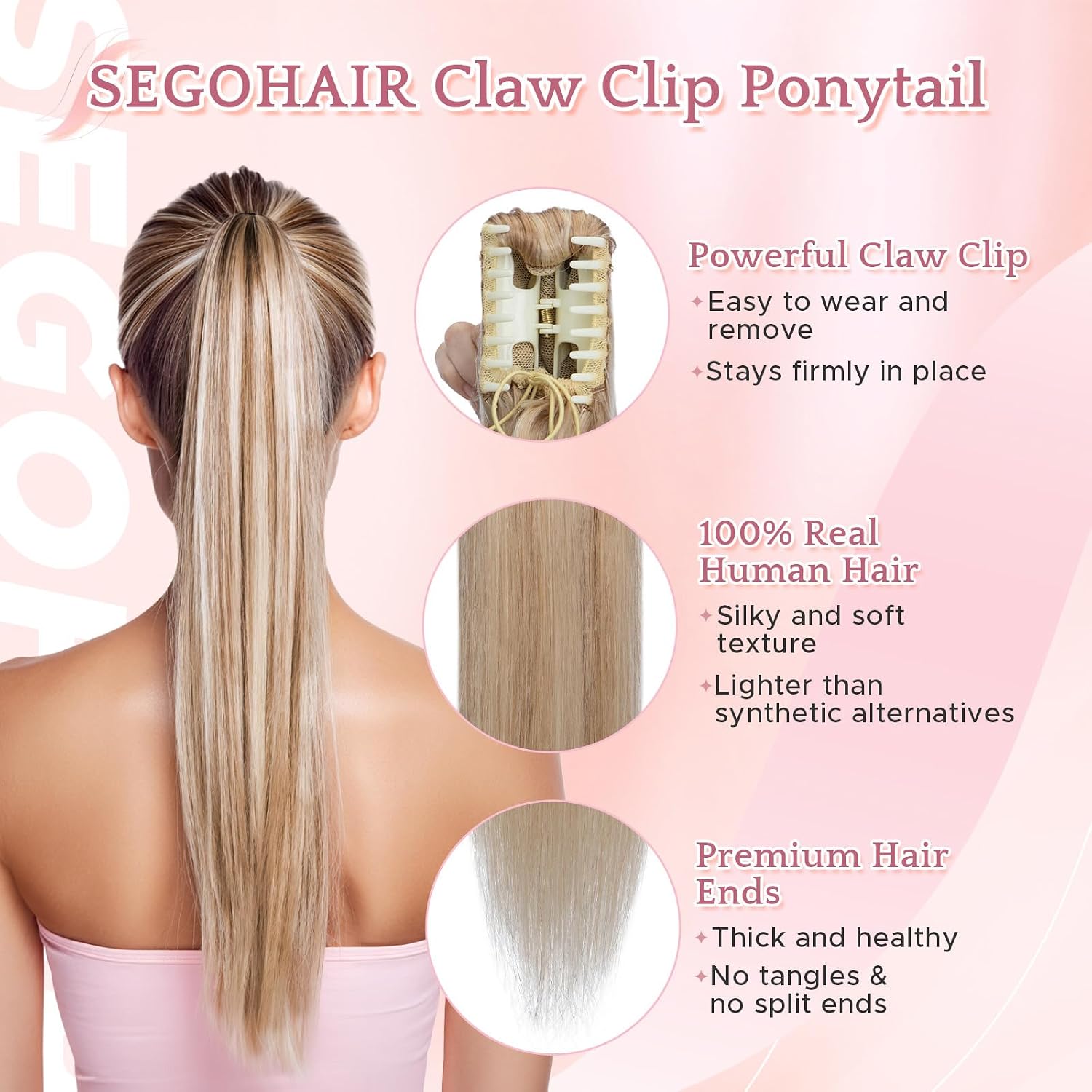 SEGO SEGOHAIR Human Hair Claw Clip Ponytail Extension 100% Real Human Hair Clip-In Extensions for Women Long Straight Pony Tails 14 Inches 105g #18P613 Light Blonde mixed Bleach Blonde
