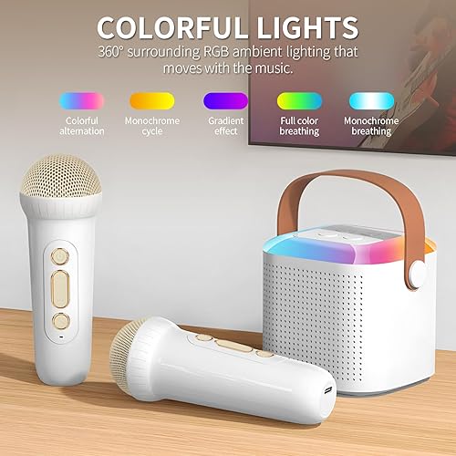 Miniatura 4 de XTUGA X133 Mini máquina de karaoke blanca para niños y adultos, altavoz Bluetooth portátil de karaoke con 2 micrófonos inalámbricos con luces LED