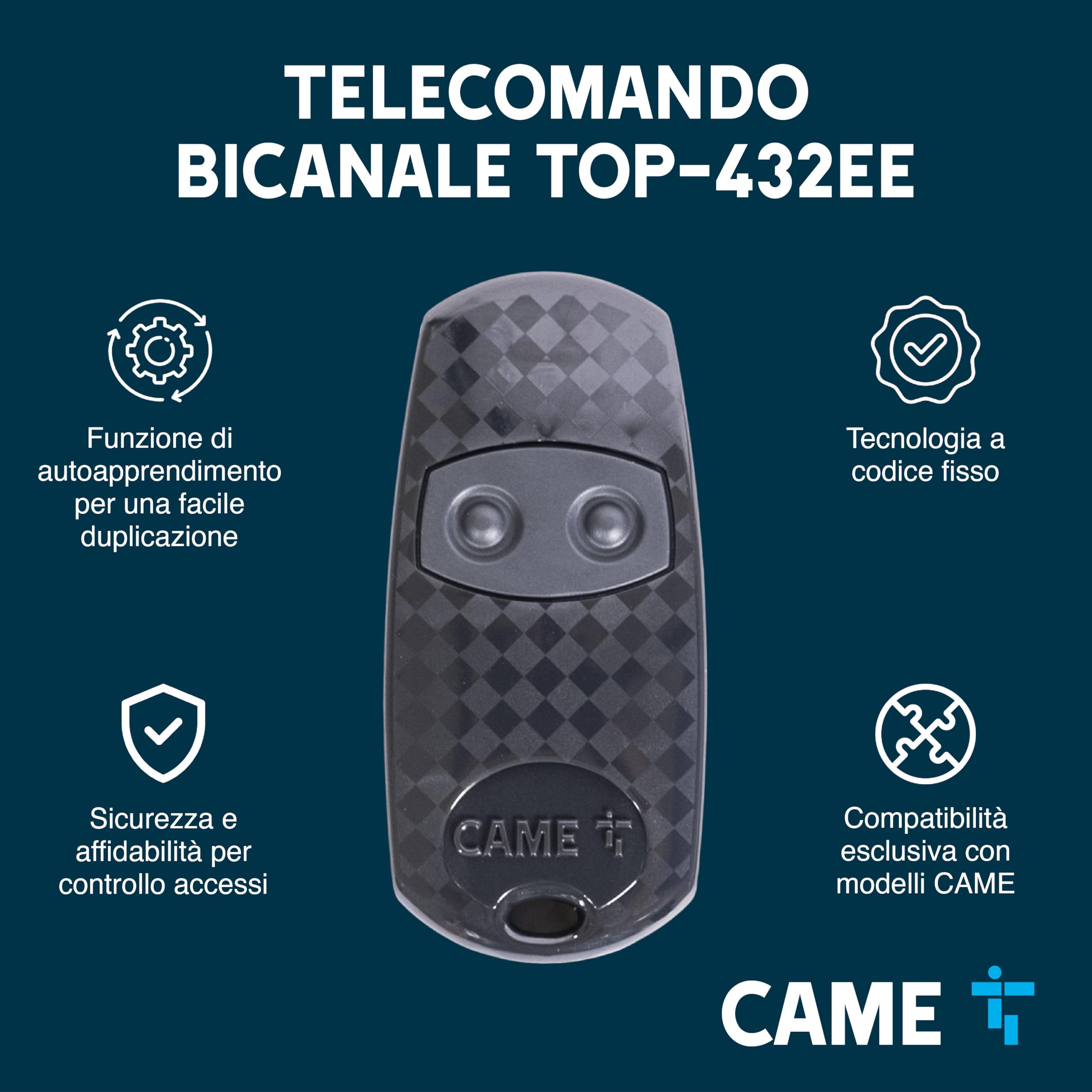 CAME Telecomando TOP-432EE bicanale nero multiutenza codice fisso con autoapprendimento, 433,92 MHz, batteria CR2032 inclusa, compatibile solo con modelli CAME, pratico e sicuro per controllo accessi