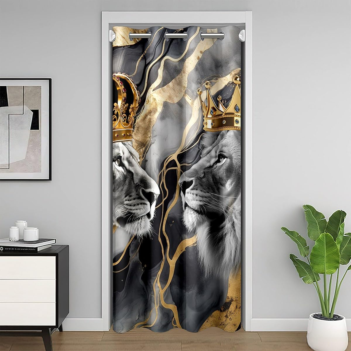 richhome Gray Lion Door Curtain Watercolor Golden Stripes Marble Doorway Curtain Privacy For Kids Teens Adults Abstract Glitter Crown Wild Animals Drape For Bedroom Doors Windows42 W X80 L โ image 1