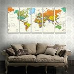 5 Panels World Map Large Modern Stretched and Framed Giclee Canvas Prints Artwork Contemporary Abstract Pictures Paintings on Canvas Wall Art for Living Room Bedroom Home Decorations(49"W x 24"H, framed and ready to hang)
