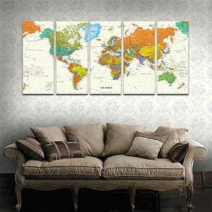 5 Panels World Map Large Modern Stretched and Framed Giclee Canvas Prints Artwork Contemporary Abstract Pictures Paintings on Canvas Wall Art for Living Room Bedroom Home Decorations(49"W x 24"H, framed and ready to hang)