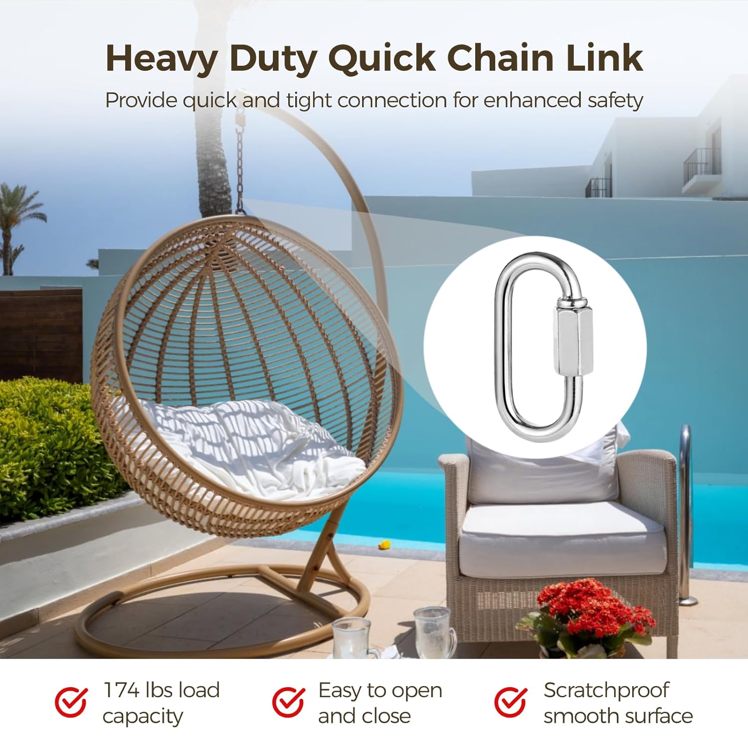 100 Pcs Quick Chain Links, M3.5 Heavy Duty 1/8 Inch D Shape Links, Galvanized Iron Chain Connectors for Safety, Threaded Locking Repair Chain Links for Outdoor Traveling Equipment, 880lbs Capacity