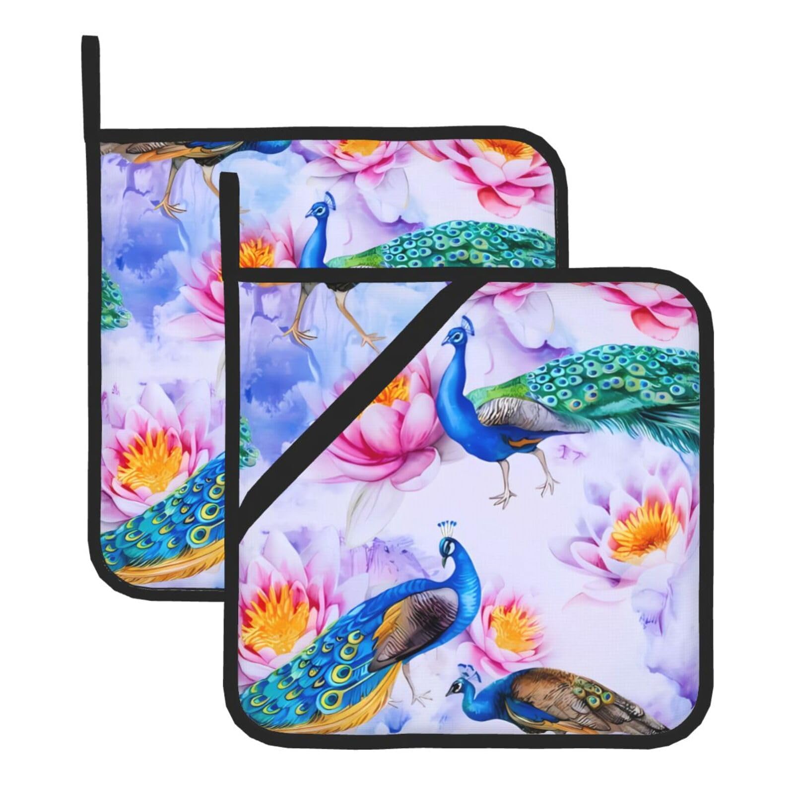 HJFCZH Beautiful Peacocks and Lotuses Prints Square Hot Pads for Kitchen Counter - Waterproof Pot Holders, Durable Heat Resistant Throw Layers for Serving, Oven & BBQ - 2 Pack