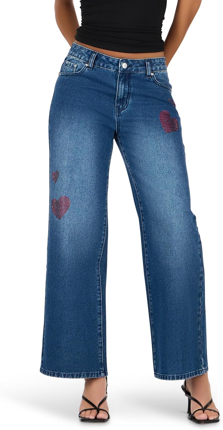 Forever 21 Womens Rhinestone Heart Wide Leg Jeans