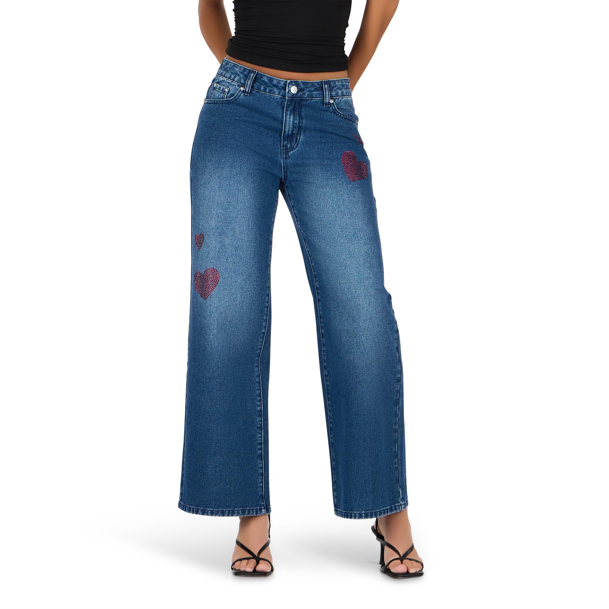 Women's Rhinestone Heart Wide Leg Jeans