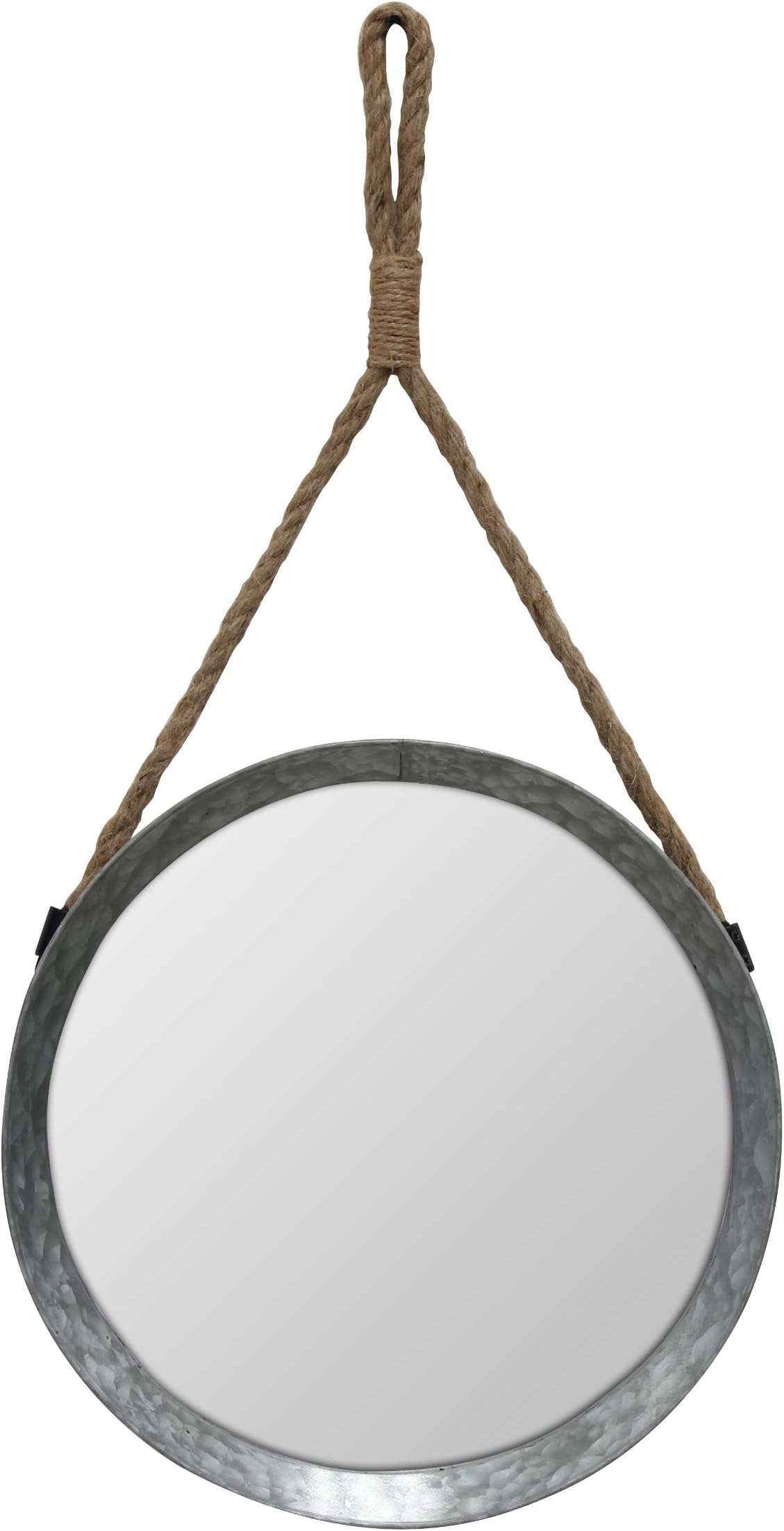 Stonebriar Rustic Round Galvanized Metal Mirror with Rope Hanging Loop ; Farmhouse Home Decor ; For Bathroom, Bedroom, and Living Room, 11.9", Grey