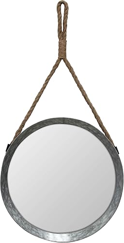 Stonebriar Espejo redondo rústico de metal galvanizado con lazo para colgar cuerda; decoración del hogar de granja; para baño, dormitorio y sala de