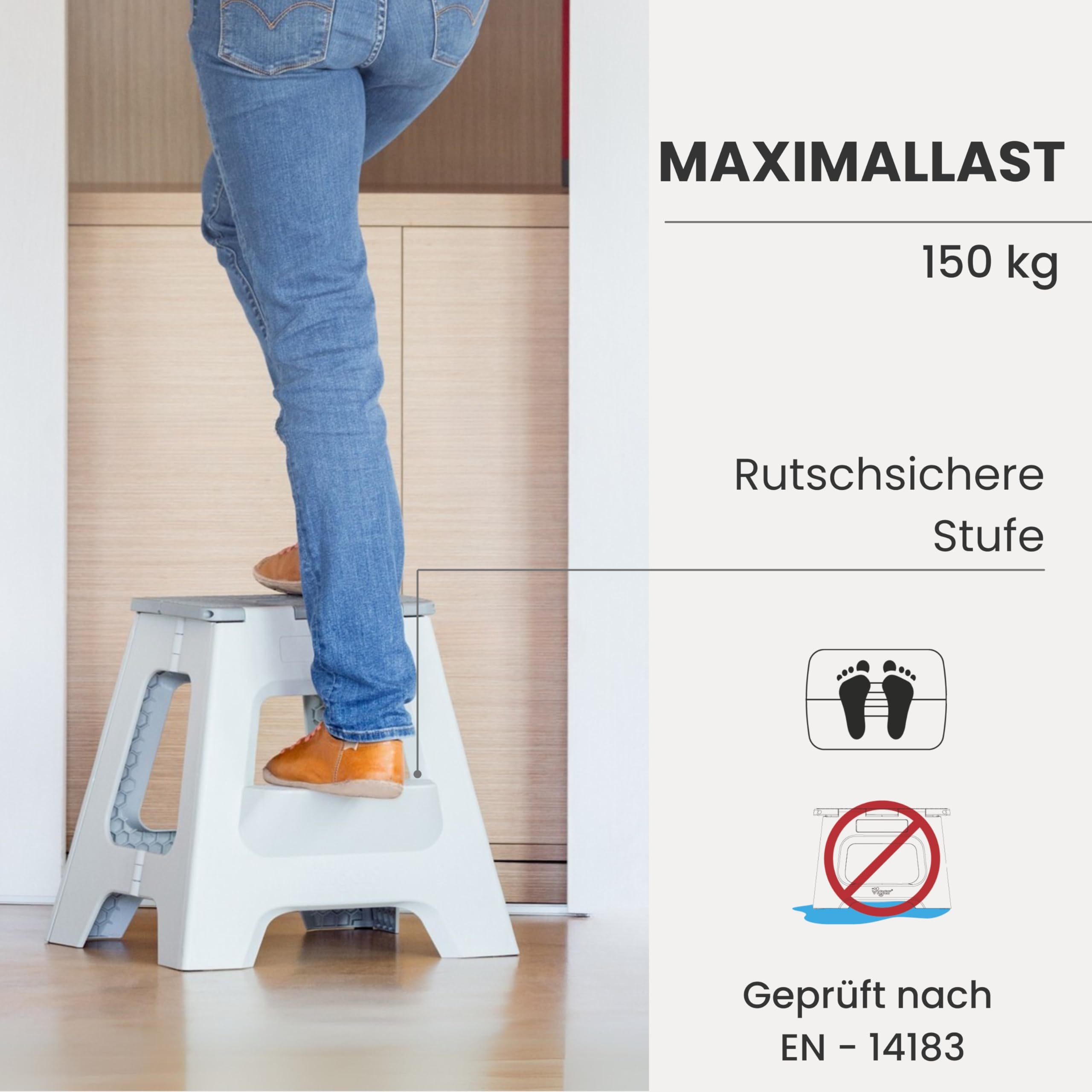 Vigar Kompakte Tritthocker Klappbar für Erwachsene, 40 cm, 2‑Schritt, Klapphocker Faltbar 150 kg rutschfest, Leicht, Hocker Klappbar für Zuhause, Bad, Schlafzimmer, Büro, Grau