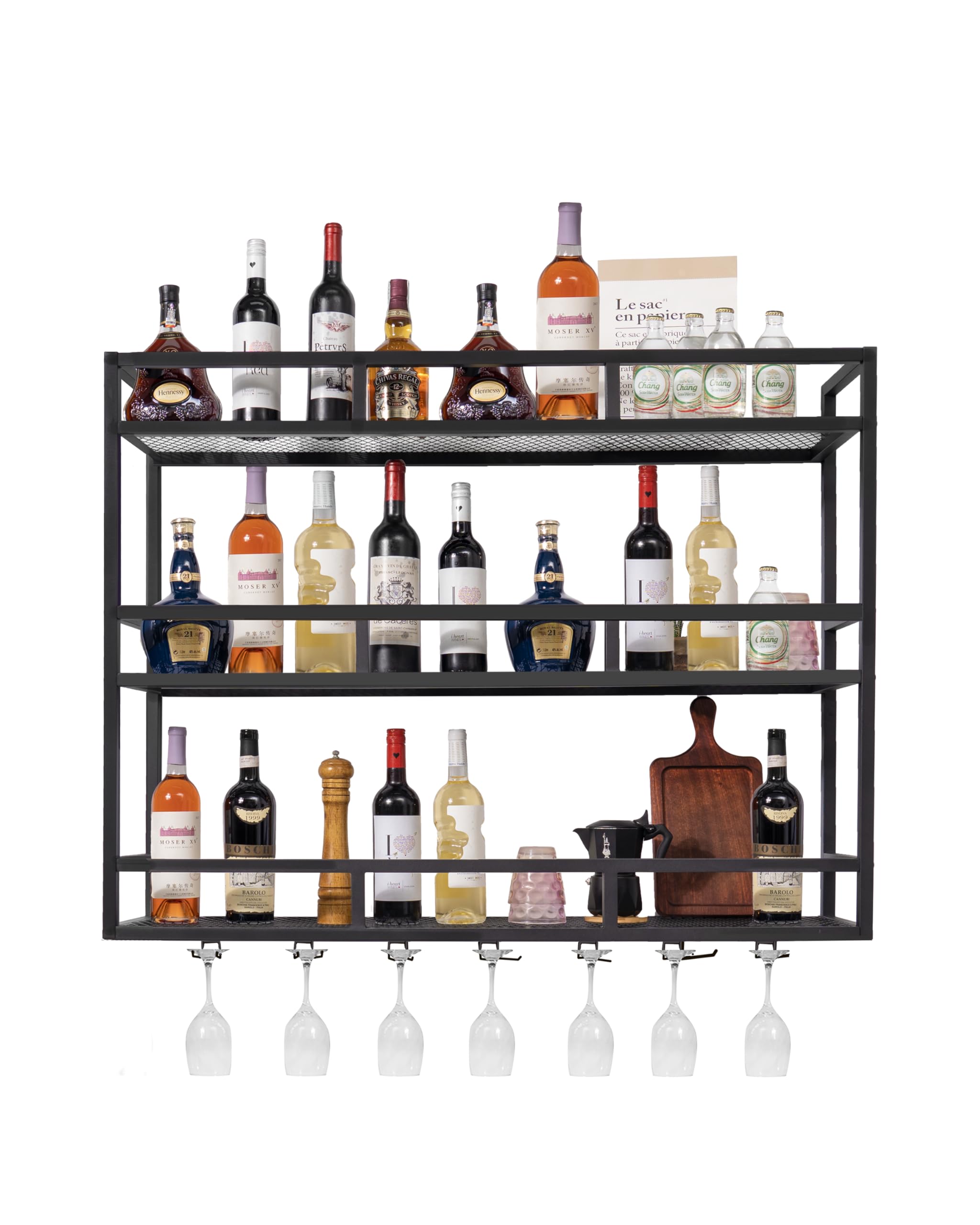 Botellero de Pared LED Moderno de 100 cm con Soporte para Botellas y Copas, Estante Metal de Botellas de 3 Niveles, Soporte para Botellas de Vino para Hogar, Bar Comercial, Cocina