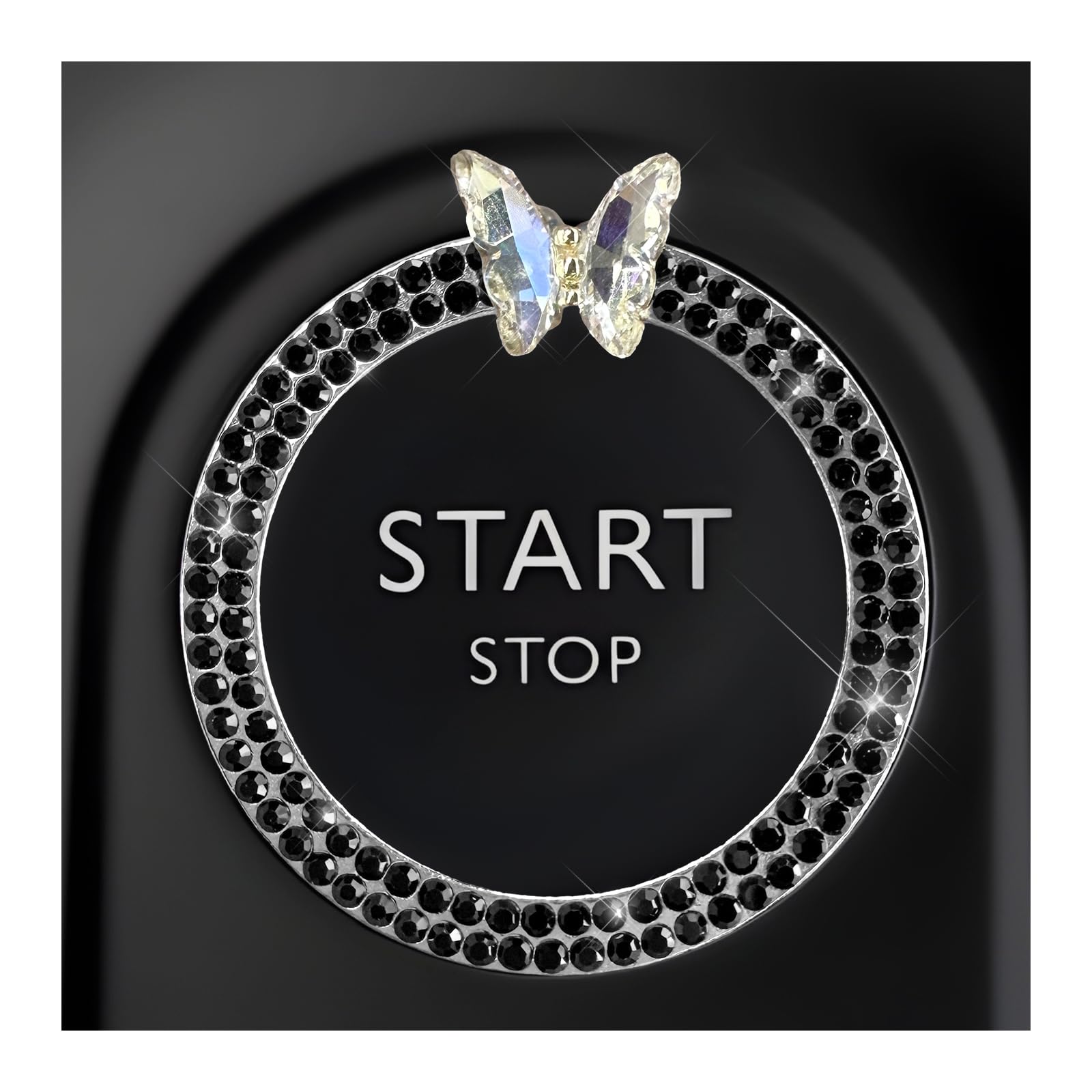 DXNQ Bling Ring Emblem, Sparkling Butterfly Car Buttons and Knobs Ring, Girly Butterfly Diamond Car Engine Start Button Cover, Key Ignition Knob Rings Decoration for Women (Black, Double Row)