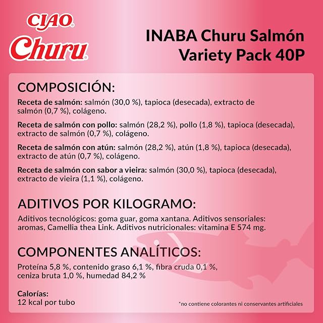 Foto 8 de 8 de INABA Churu Salmon Variety Pack, Golosinas para Gatos con Puré Suave para Dar a Mano, Recetas de Salmón, Atún