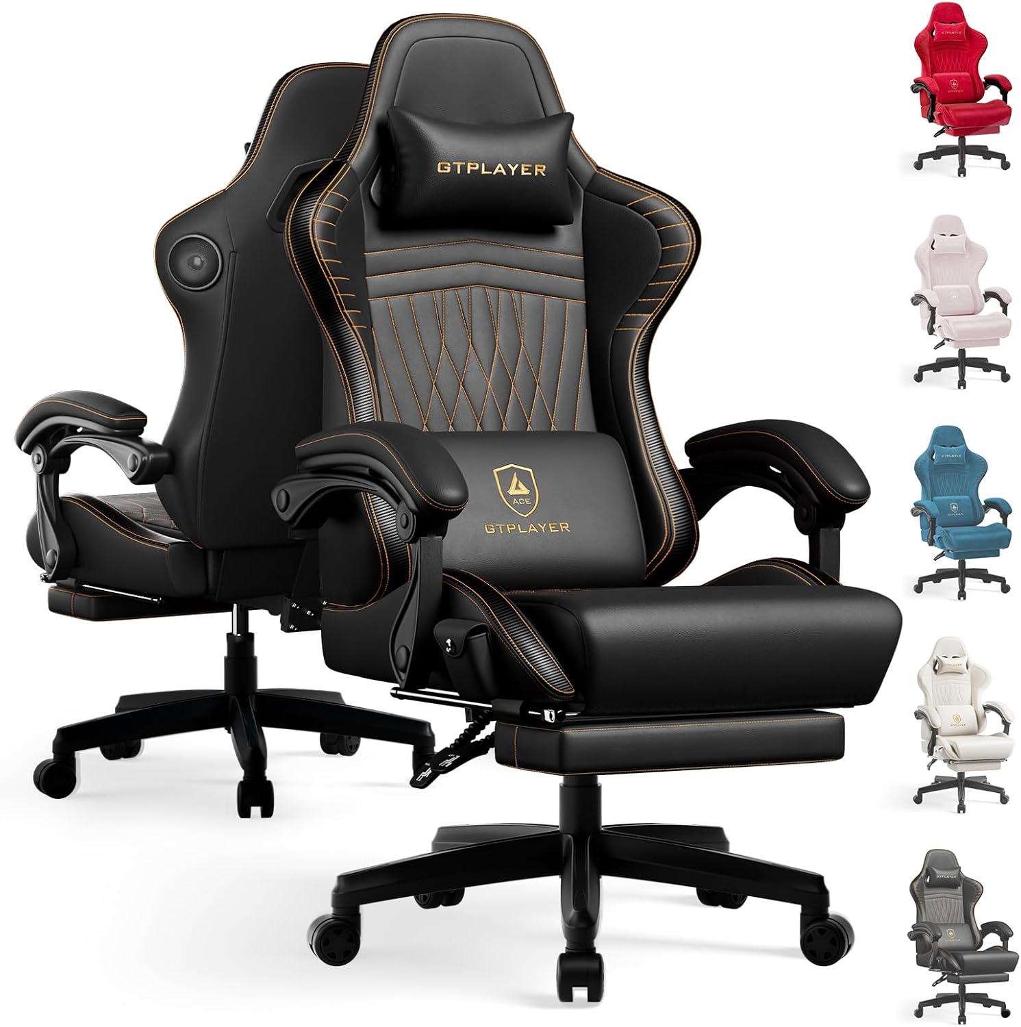 GTPLAYER ACE-PRO Music Gaming Chairs – Built-in Speakers, App Support & Bluetooth Control, Footrest & Pocket, Game Chair for Adults, Ace Pro, Black & Orange Stitch 01 Black & Orange Stitch 01 With Speaker - Image 1 of 8