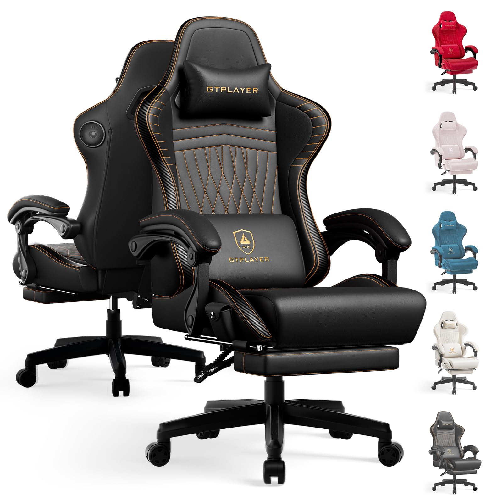 GTPLAYER ACE-PRO Music Gaming Chairs – Built-in Speakers, App Support &amp; Bluetooth Control, Computer Game Chairs with Footrest for Adults, Ergonomic, Reclining, Linkage Armrest, Black &amp; Orange Stitch