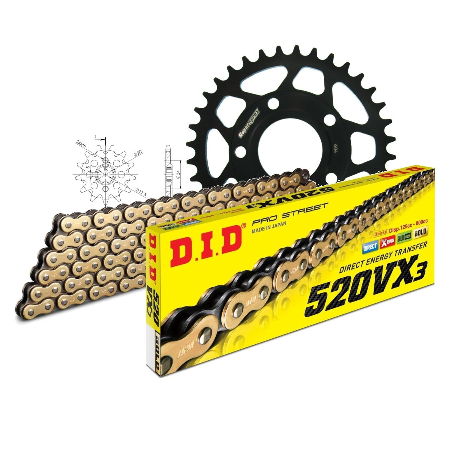 Jeu de chaînes DID en acier 520VX3/110 sans fin pour Honda NSR R 125 cc années de construction 1994-1997