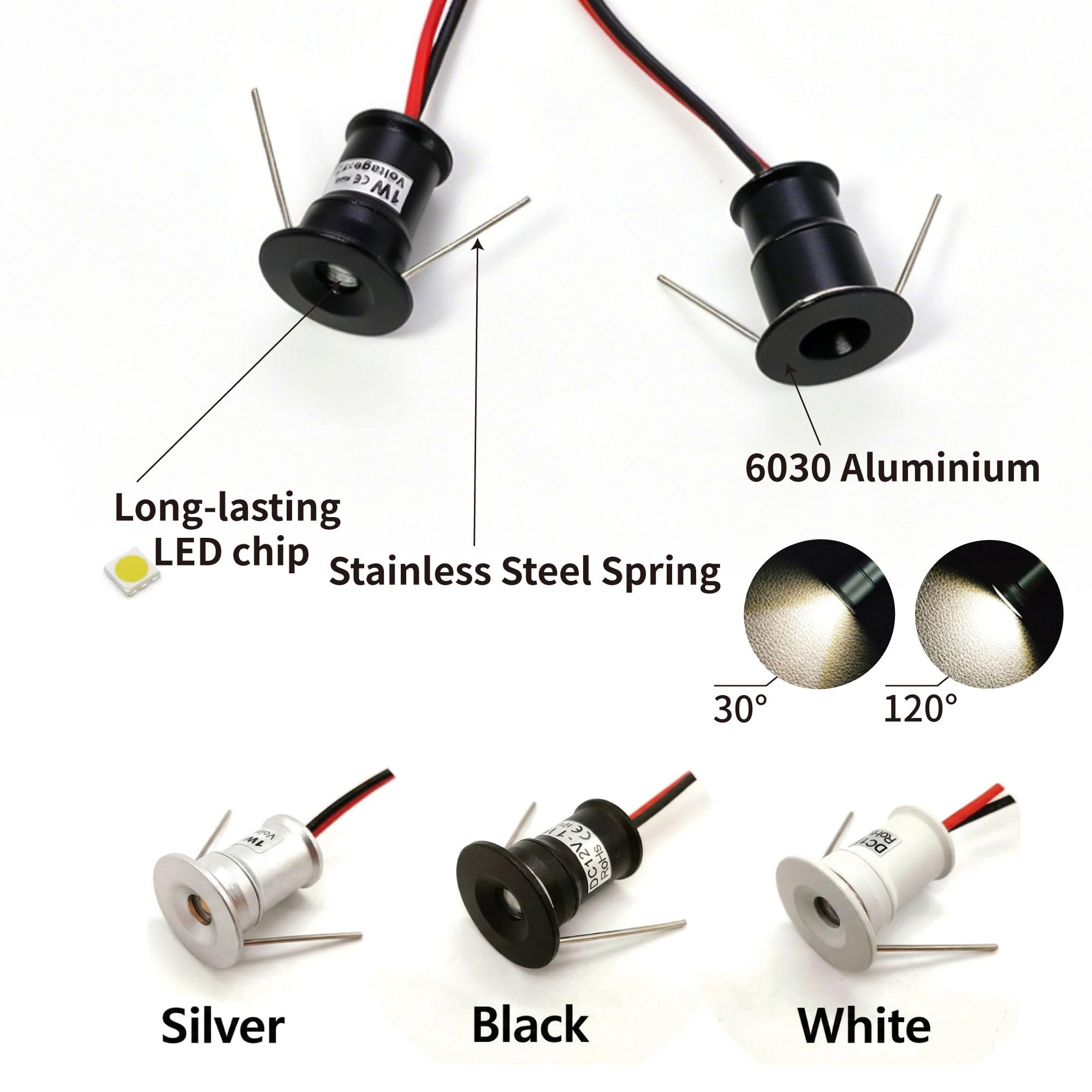 Mini Foco Led Empotrabl 12V 1W IP65 Ø15mm 18uds Frío Negro 120° | Diámetro Del Agujero Ø15-18mm, Mini Led Downlight Spot, para Vitrinas Muebles Escaparate Balda Niche Pladur Cocina Techo