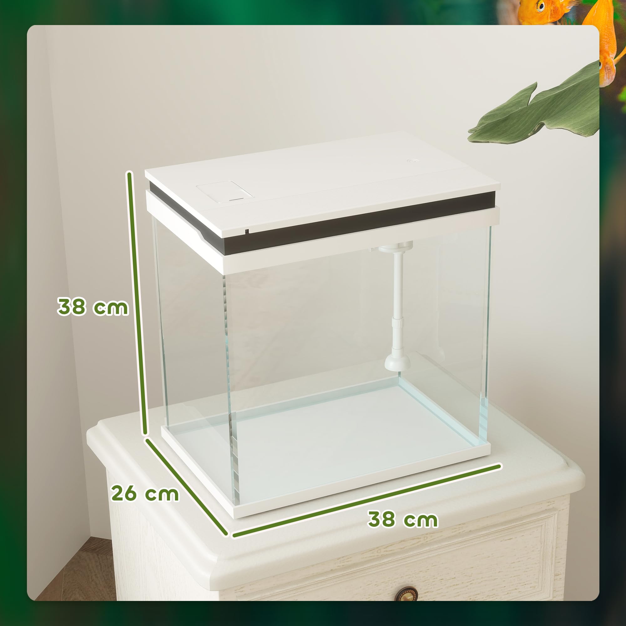 PawHut 26L Acquario in Vetro per Pesci Rossi con Pompa d'Acqua e Filtro, Acquario Completo con Illuminazione LED, Vaschetta per Pesci Acqua Tropicali, 38x26x38cm, Bianco