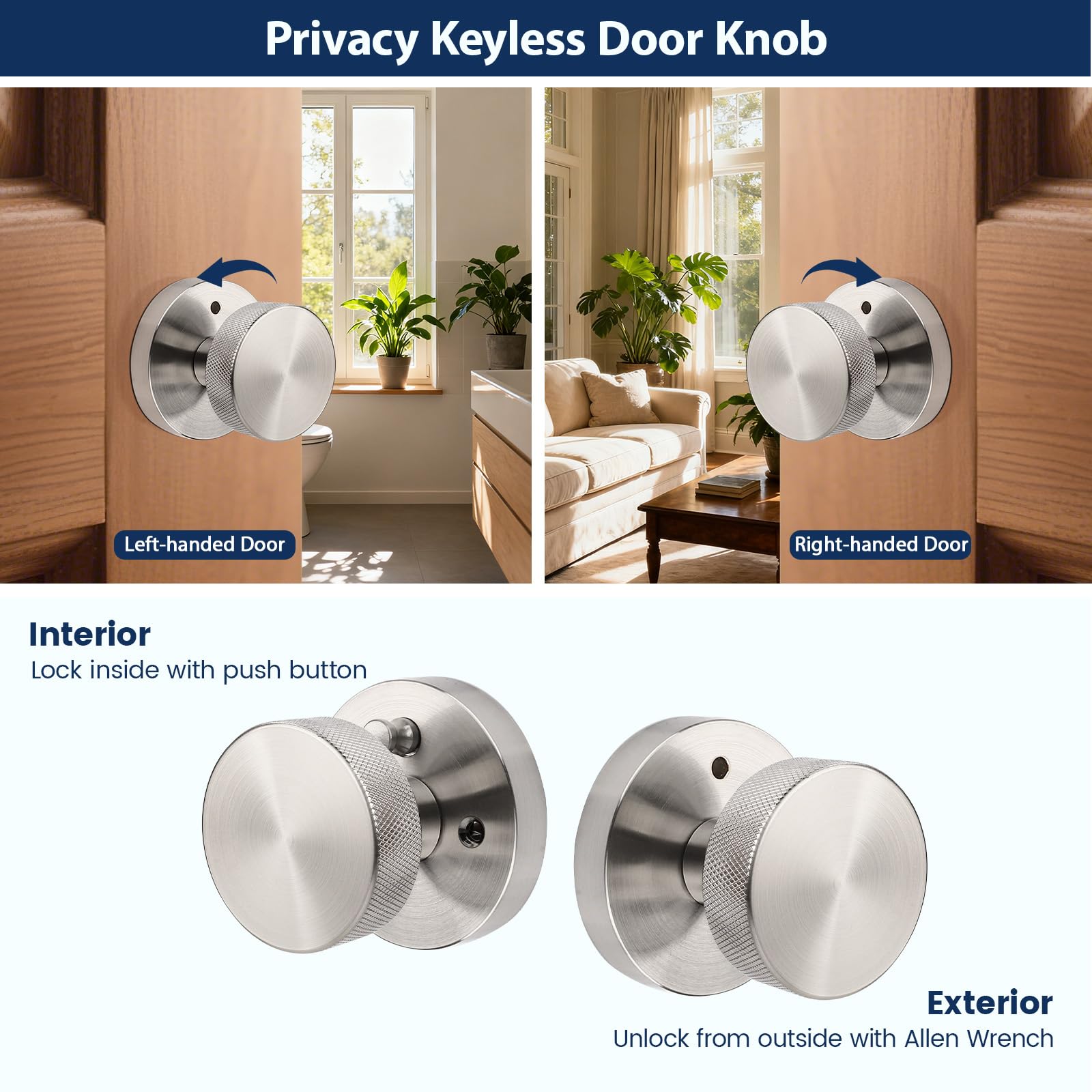 Brushed Nickel Privacy Door Knobs - 6 Pack -4