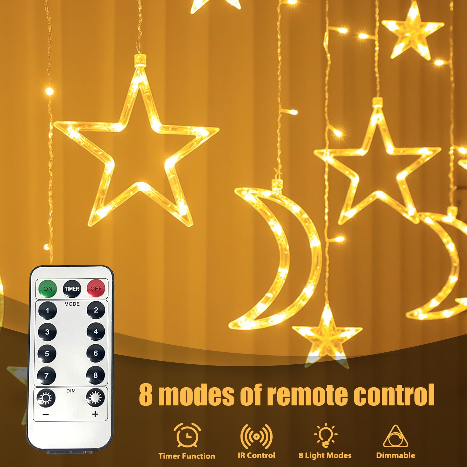 LED Sterne-Vorhang Lichterkette – 3,5 M, Mond & Sterne, 8 Modi, Batteriebetrieben Oder USB, Für