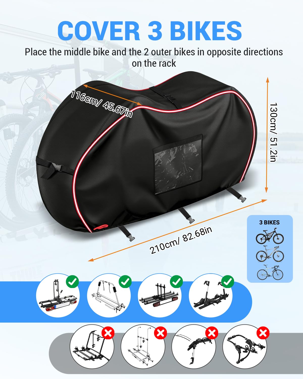 SUPAREE Funda Bicicleta Exterior 3 Bicis Cubre Bicicletas Autocaravana Funda Bici Impermeable 420D Oxford Lluvia Resistente con Bolsillo para Señal de Advertencia pour Coche Viaje