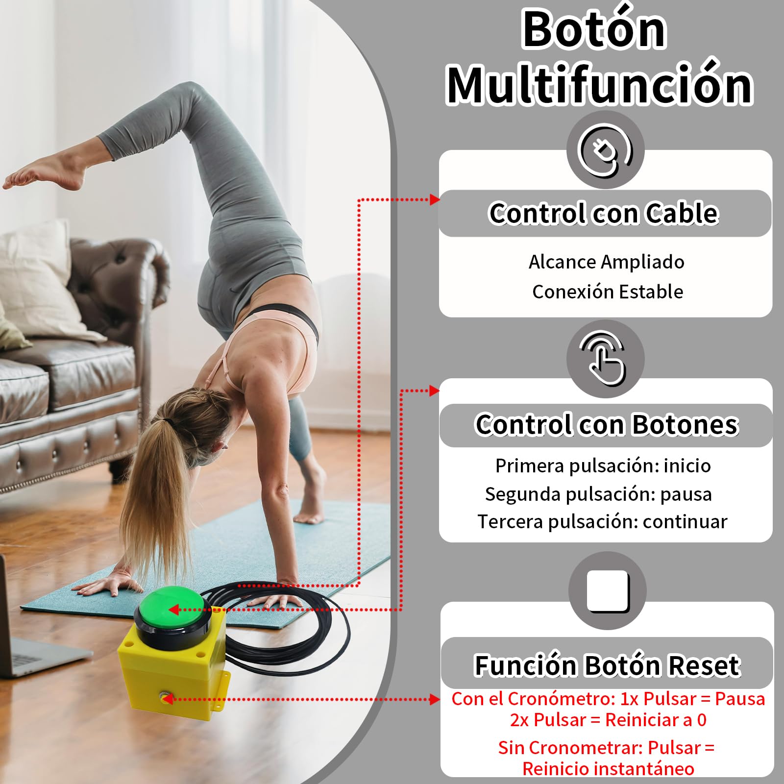 Temporizador con Botón de Inicio/Parada, Cronometros Deportivos 5'' con Soporte, 6 dígitos Temporizador de Cuenta Atrás/Arriba con Control Remoto, 12/24H Temporizado Digital para Maratón