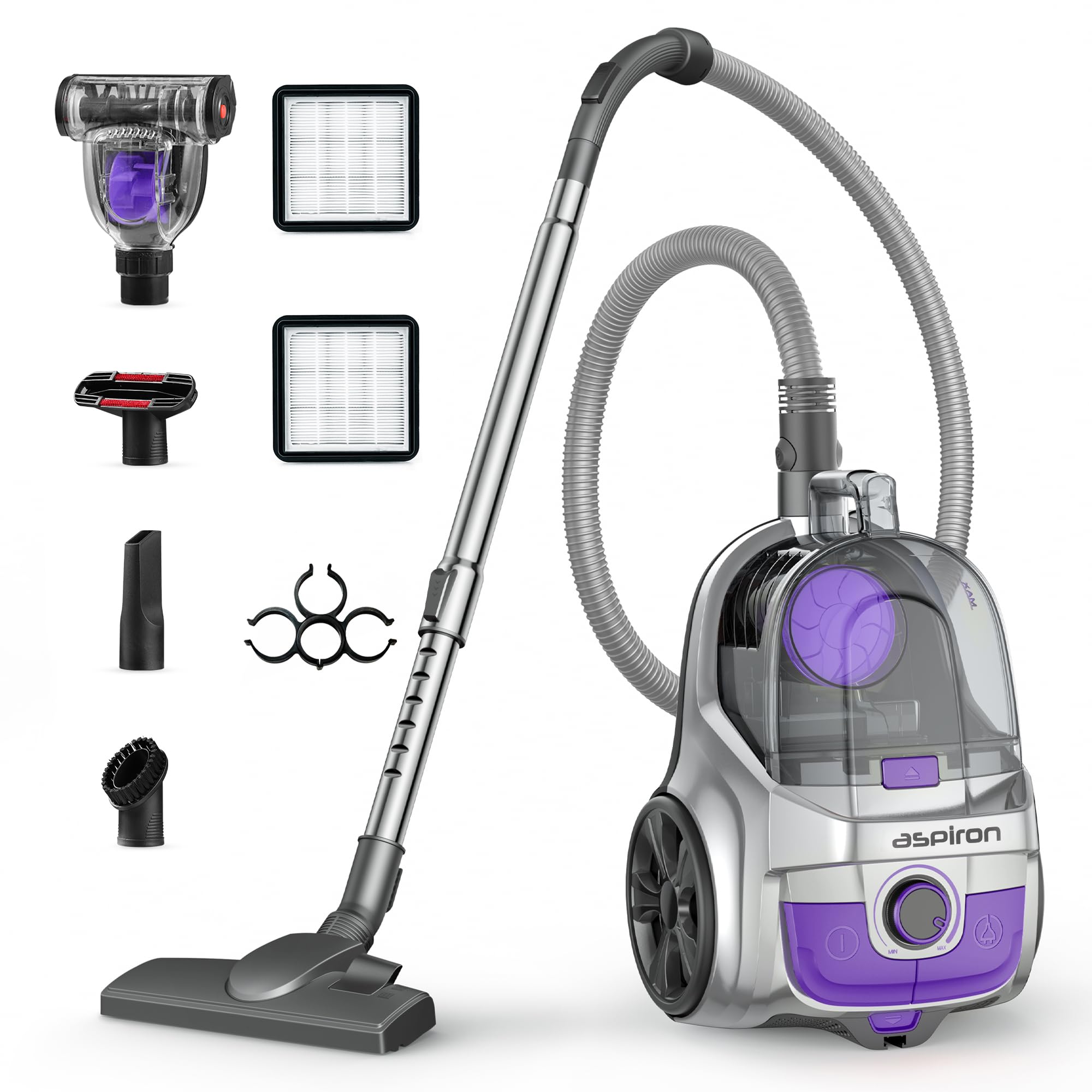 The best canister vacuum cleaner of 2026 to Upgrade Your Home Aspiron Canister Vacuum, Upgraded 1600W Bagless Canister Vacuum Cleaner, Auto Cord Rewind, H13 HEPA Filter, 3.7Qt Large Capacity, 5 Tools for Hard Floors, Carpet, Pet, Upholstery, Tiles, Violet