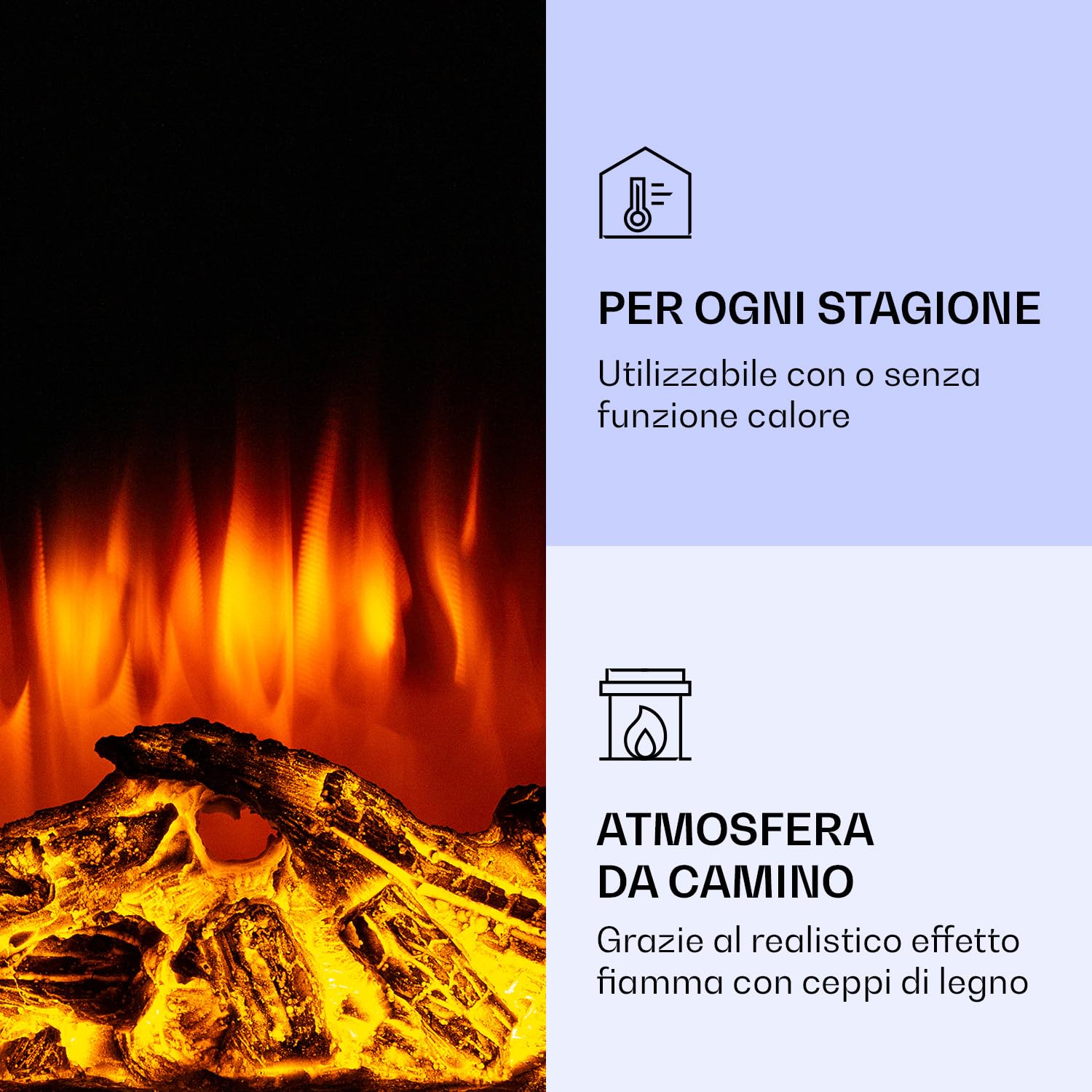 Klarstein Camino Elettrico, Caminetto Elettrico 2000 W, Camino Finto a Riscaldamento a Basso Consumo, Fuoco Finto LED, Spazio per Legna, Termocamino con Telecomando, Termostato e Timer