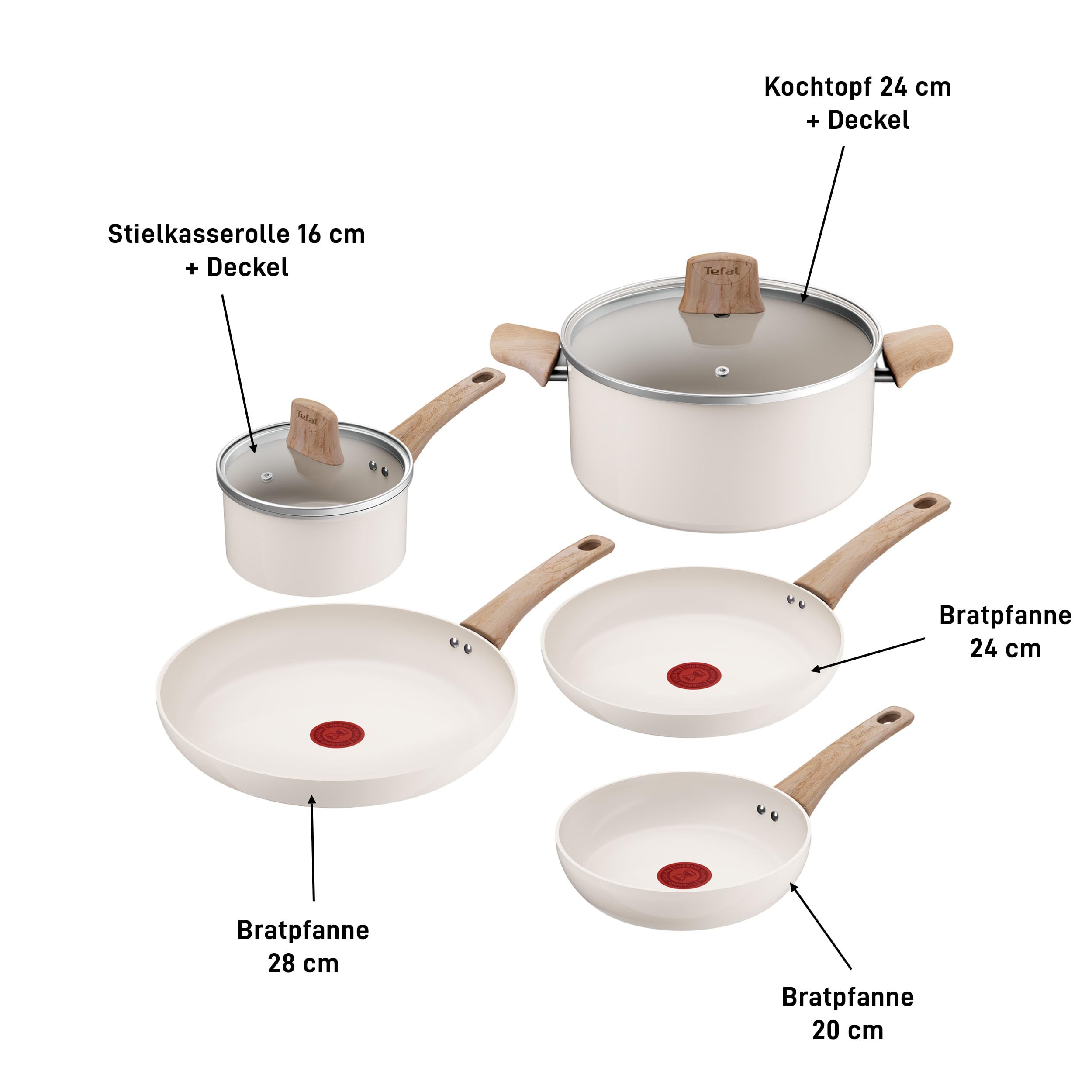Tefal CERA BRIGHT ON 7tlg. Keramikset (Pfannen 20/24/28cm, Kasserolle 16cm & Topf 24cm + Deckel), Go Ceram Antihaftbeschichtung, recycelter Aluminiumkörper, Thermo Signal, für alle Herdarten, Beige