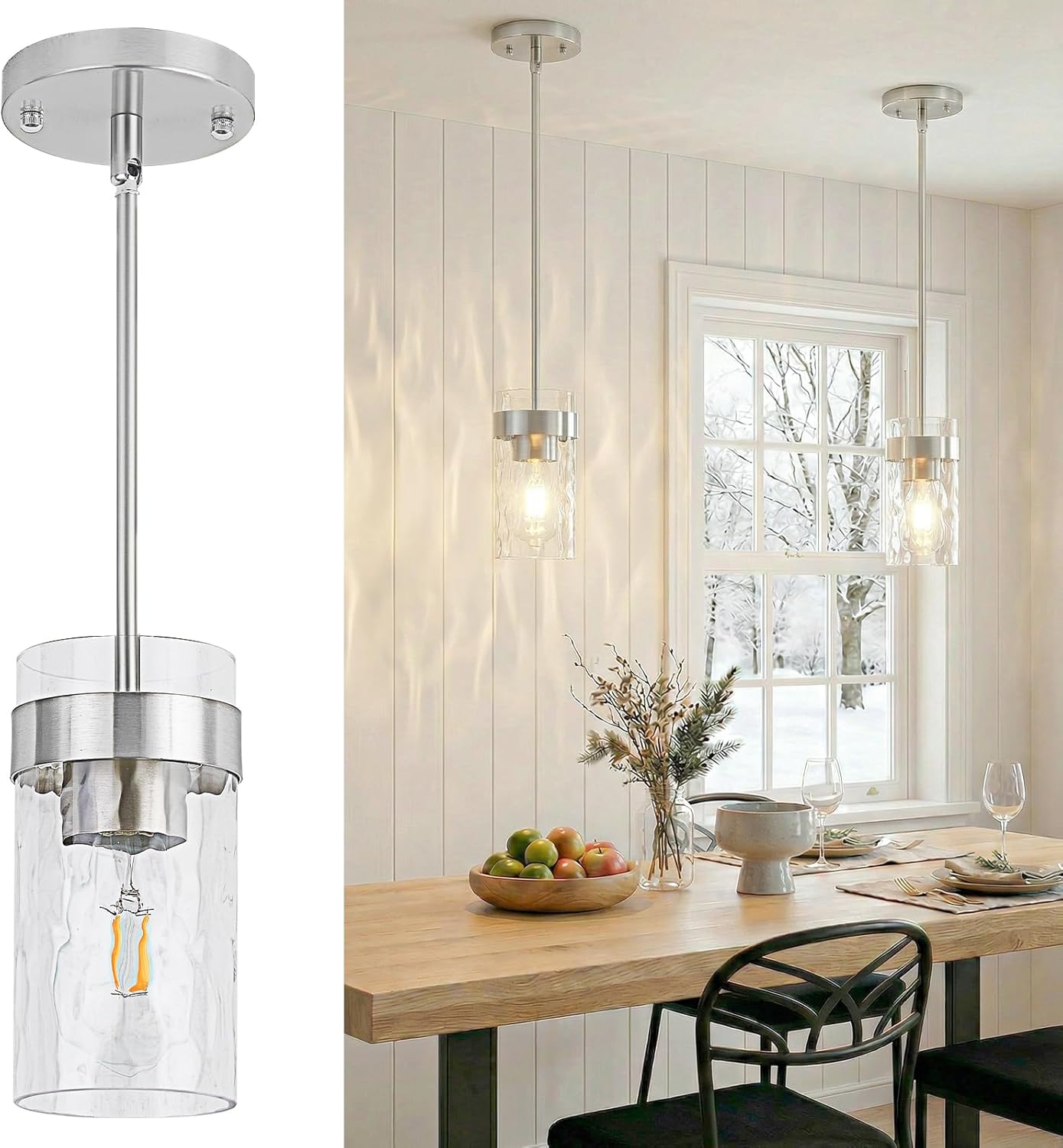 Water Ripple Glass Pendant Lights Kitchen Island Brushed Nickel Pendant Light Fixtures Adjustable Modern Mini Hanging Light for Sink Dining Room Foyer Entryway Bar, 2 Pack