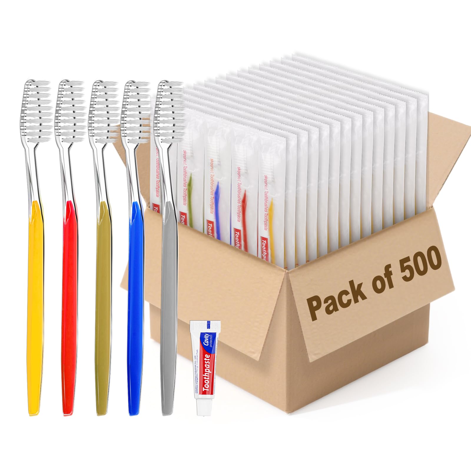 500 Disposable Toothbrushes with Toothpaste Individually Wrapped 5 Colors