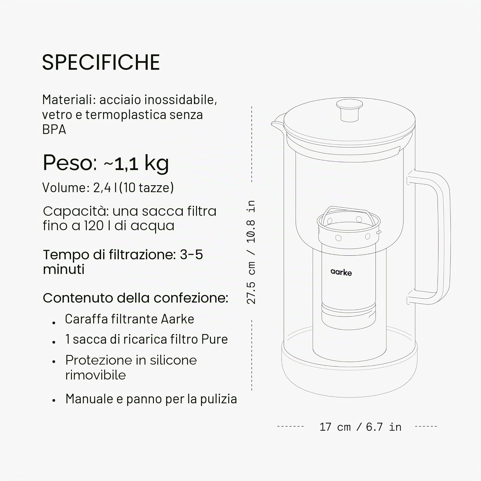 Aarke Purificatore, caraffa filtrante in vetro e acciaio inox, 2,4 l/10 tazze, con sacchetto di ricarica aarke Pure