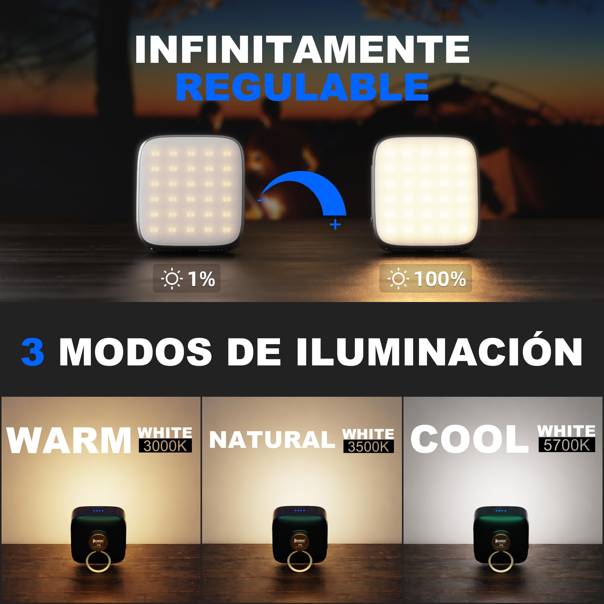 WUBEN F5 Lámpara Camping, Lámpara Camping LED Recargable, Linterna tienda Portátil, 3 modos de luz, IP64 resistente al agua, 500 lúmenes, para acampar, leer, tienda de campaña, senderismo, emergencia