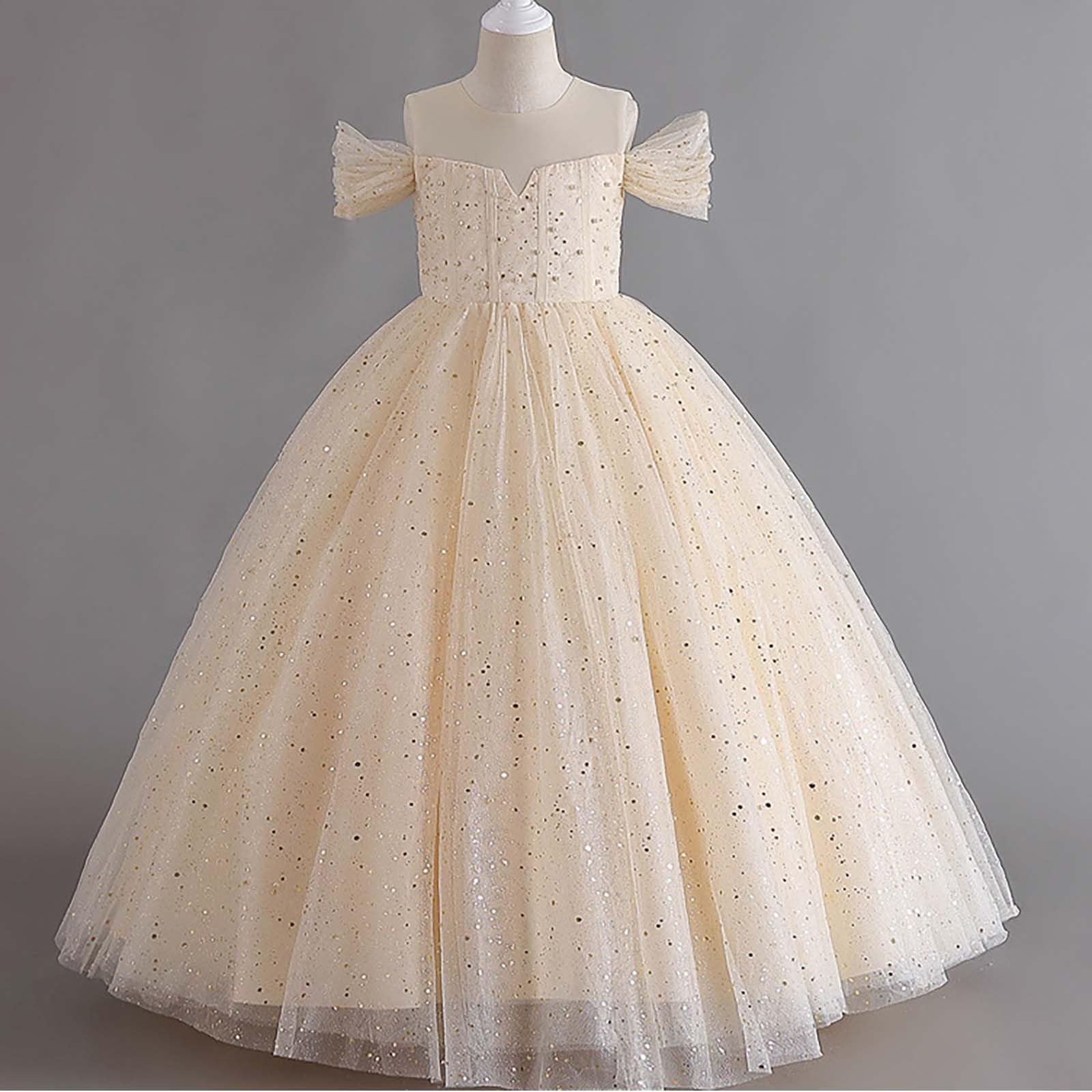 Vestidos Niña Boda-Vestido con Hombros Descubiertos para niñas, Vestido de Fiesta Elegante con Volantes, Vestido de Noche Formal para Desfile, Recital y actuación.