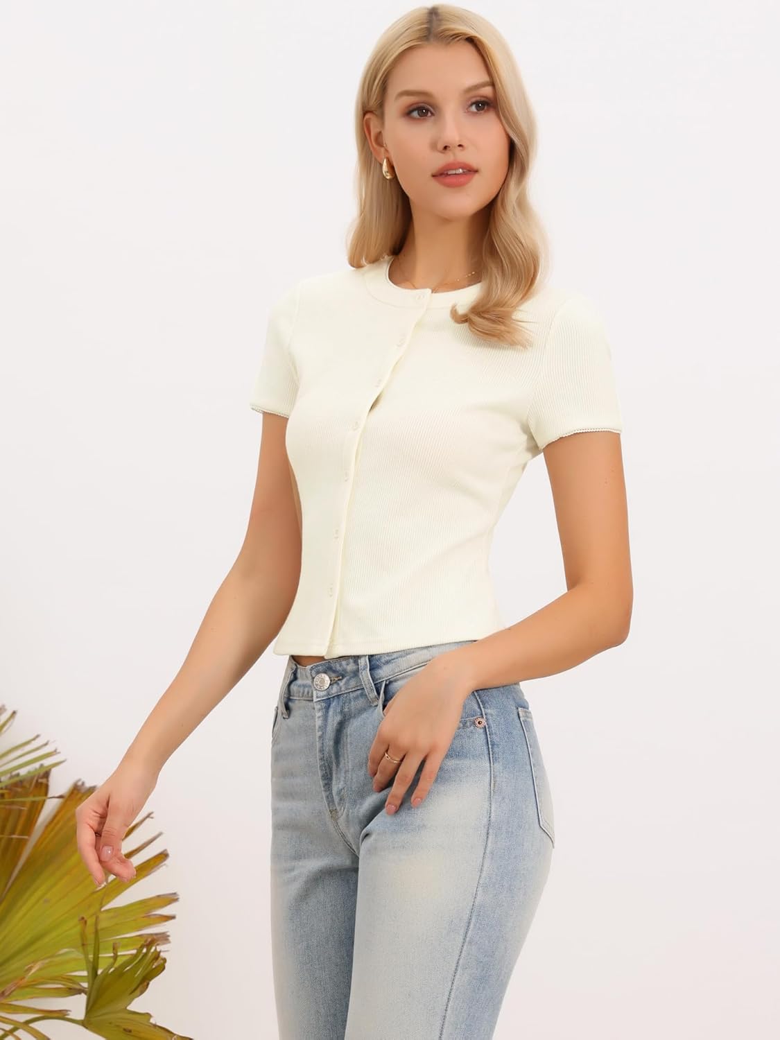 Allegra K Short Sleeve Knit Top for Women Casual Crew Neck Button Down Softy Comfy Knitted Tshirts - Image 3