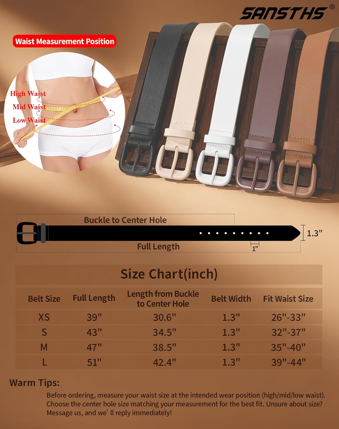 SANSTHS Womens Belt with Same Color Square Buckle, 9 Hole Adjustable Flexible PU Leather Belt for Women Jeans Pants Dresses - Image 6