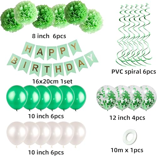 Miniatura 2 de Kit de decoración verde para fiesta de cumpleaños, pancarta de feliz cumpleaños, dije en espiral, bola de flores de papel, globo de látex y globos