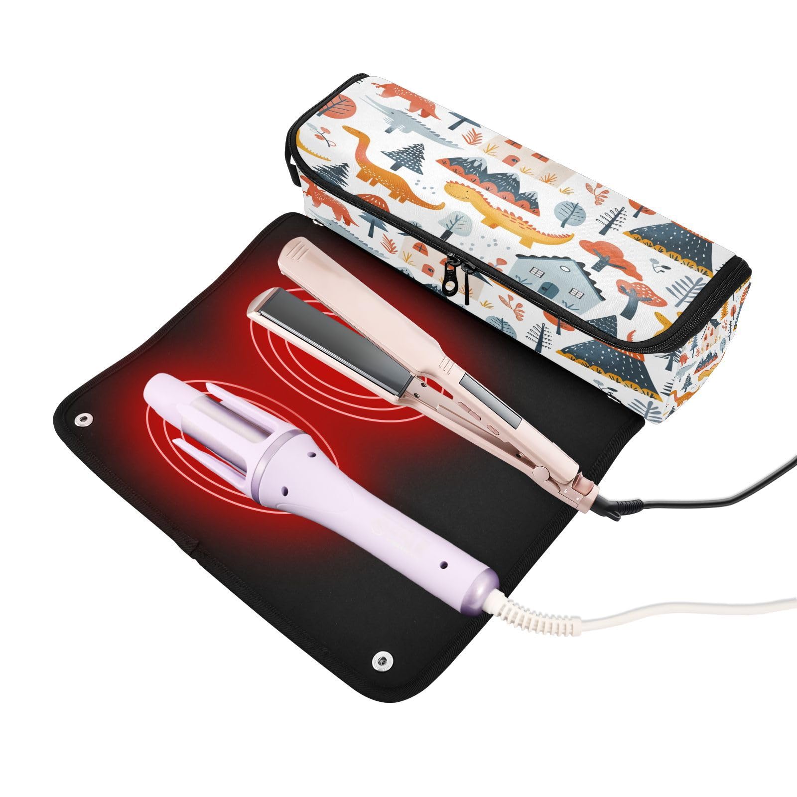 Bulletgxll Houses and Dinosaurs Hair Tools Travel Bag Portable Hair Accessory Organizer with Heat Resistant Mat 2 in 1 Curling Iron Travel Carrying Case, Travel Essentials for Women