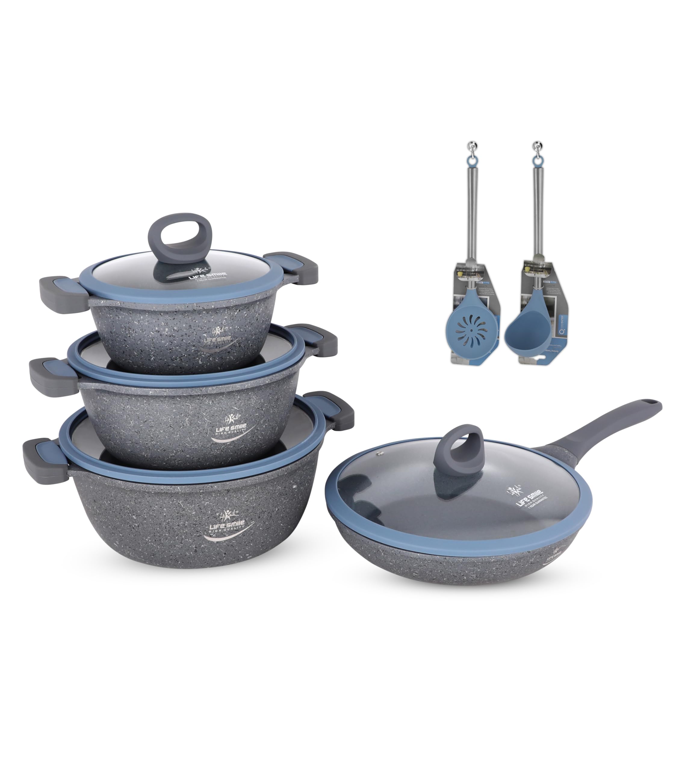 LIFE SMILECookware Set 16 pieces - Pots and pan set Induction Base, Titanium Granite Non Stick Coating 100% PFOA FREE, Kitchen Cooking Set with Detachable Silicone Handles (Grey)