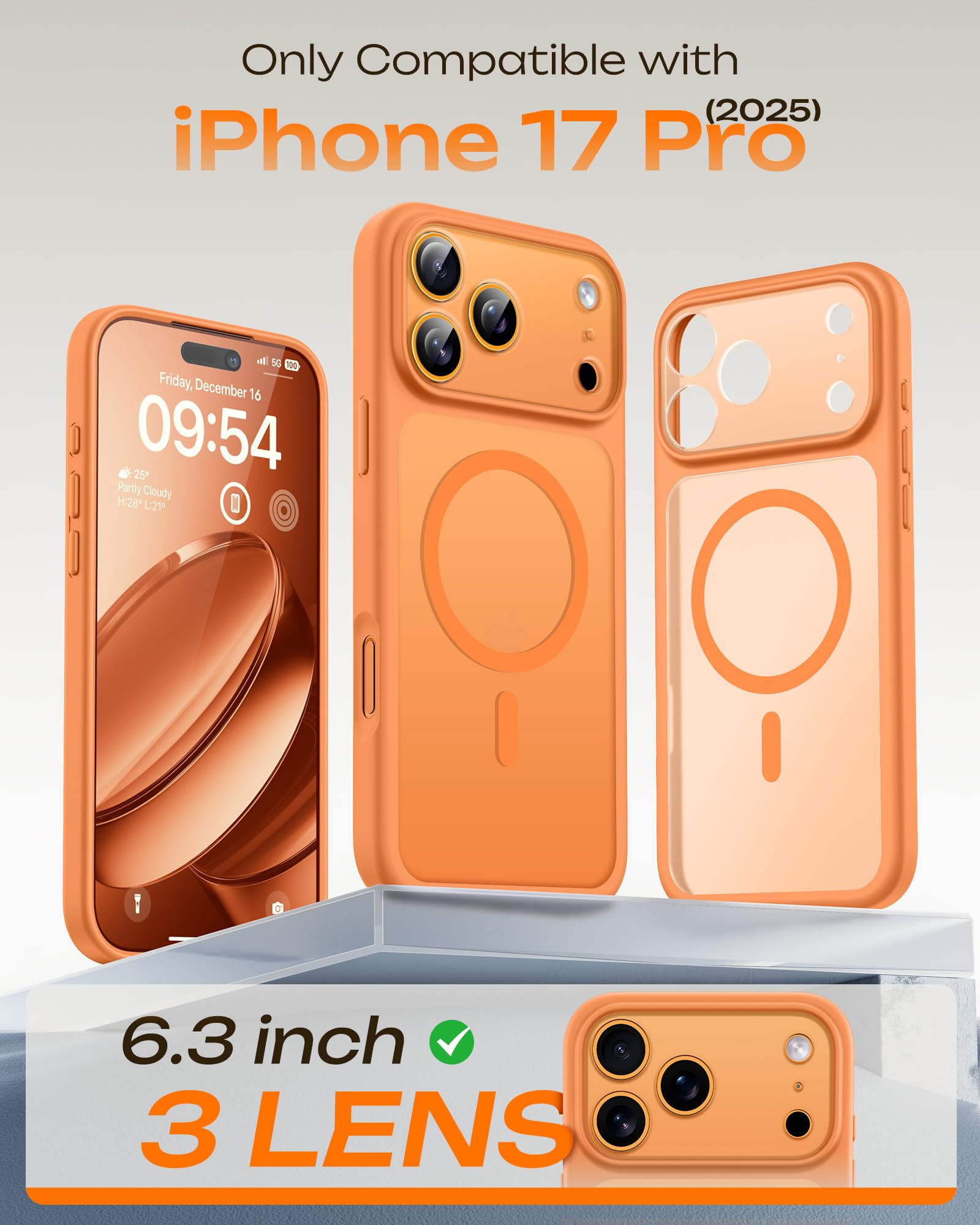 TOCOL Cover Magnetica per iPhone 17 Pro 6,3 Pollic, Compatibile con MagSafe, Anello Magnetico Incorporato, Protezione Fotocamera Integrata, Custodia Antiurto Traslucida Opaca, Arancione